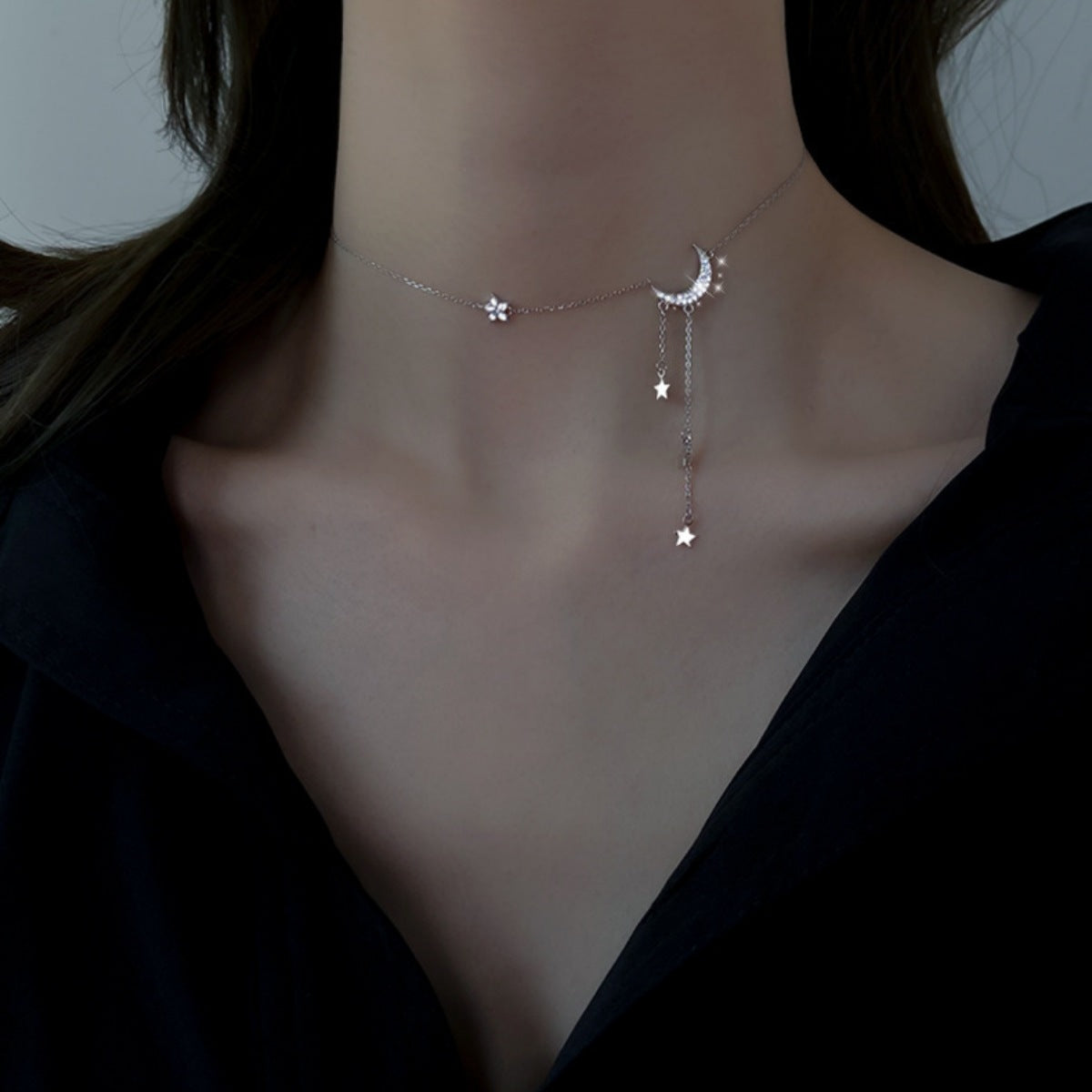 Collar de plata de ley 925 con estrella y luna