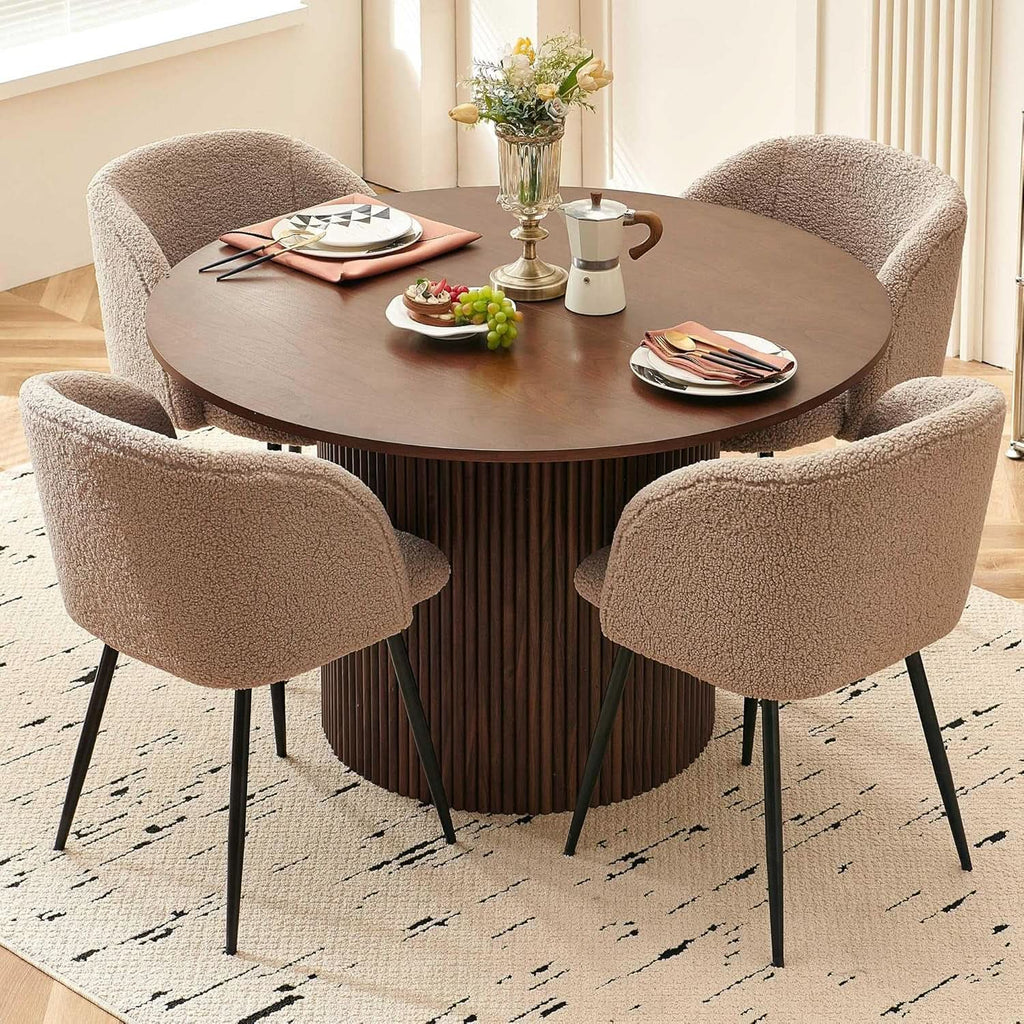 Juego de comedor redondo de cuarenta y siete pulgadas, sillas con vetas de madera con acabado nogal