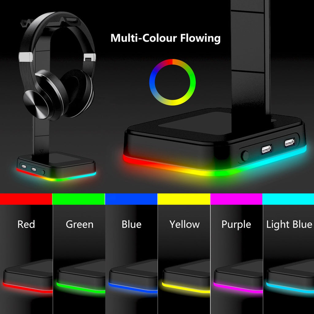 Soporte para auriculares RGB 2 en 1 para ordenador de sobremesa con regleta y 2 puertos USB para carga, colgador de auriculares para juegos