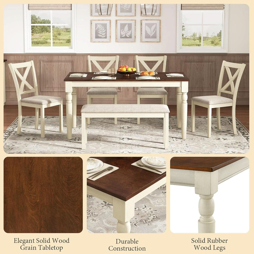 Juego de Mesa de Comedor de Madera Maciza de Nogal de Sesenta Pulgadas con Sillas Tapizadas