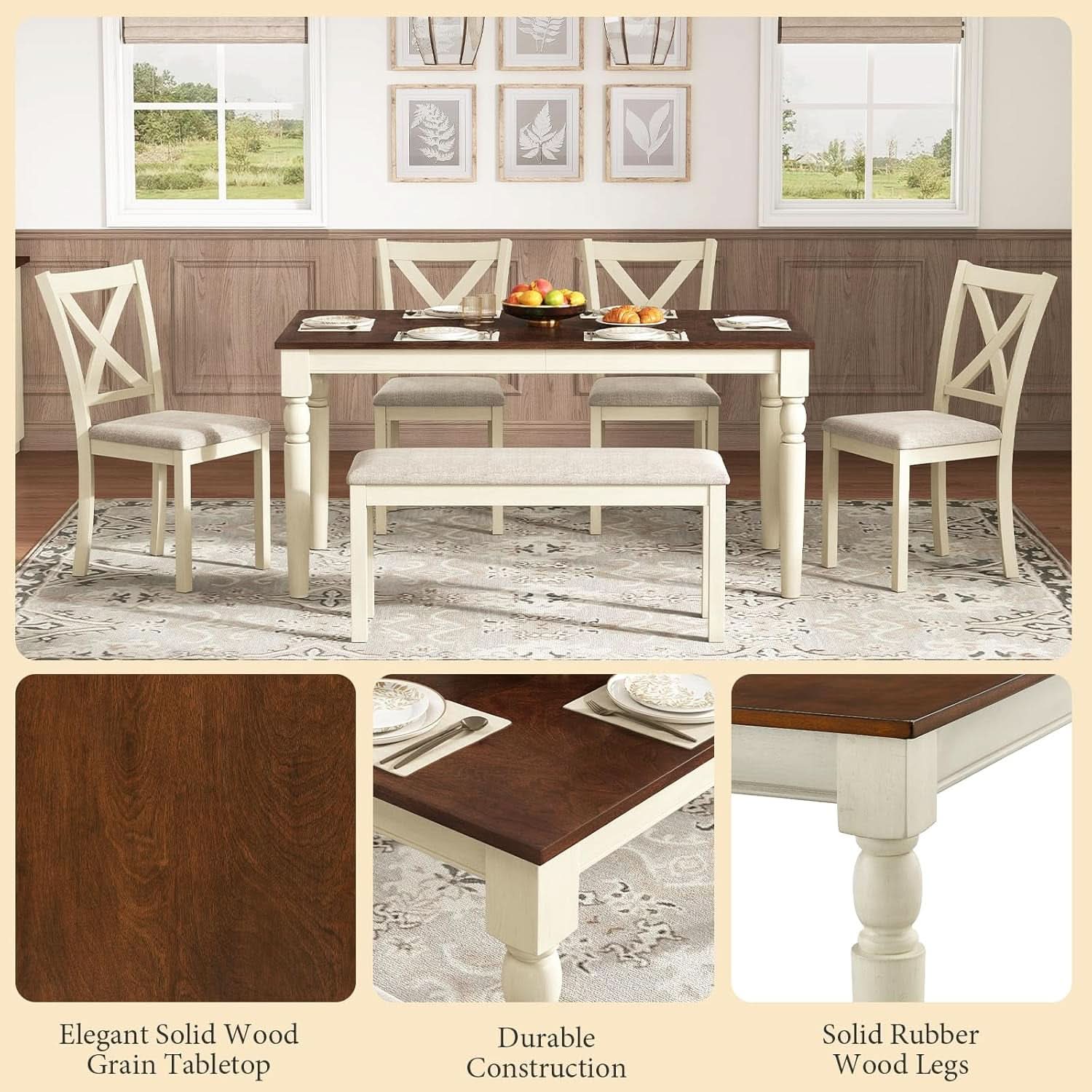 Juego de Mesa de Comedor de Madera Maciza de Nogal de Sesenta Pulgadas con Sillas Tapizadas