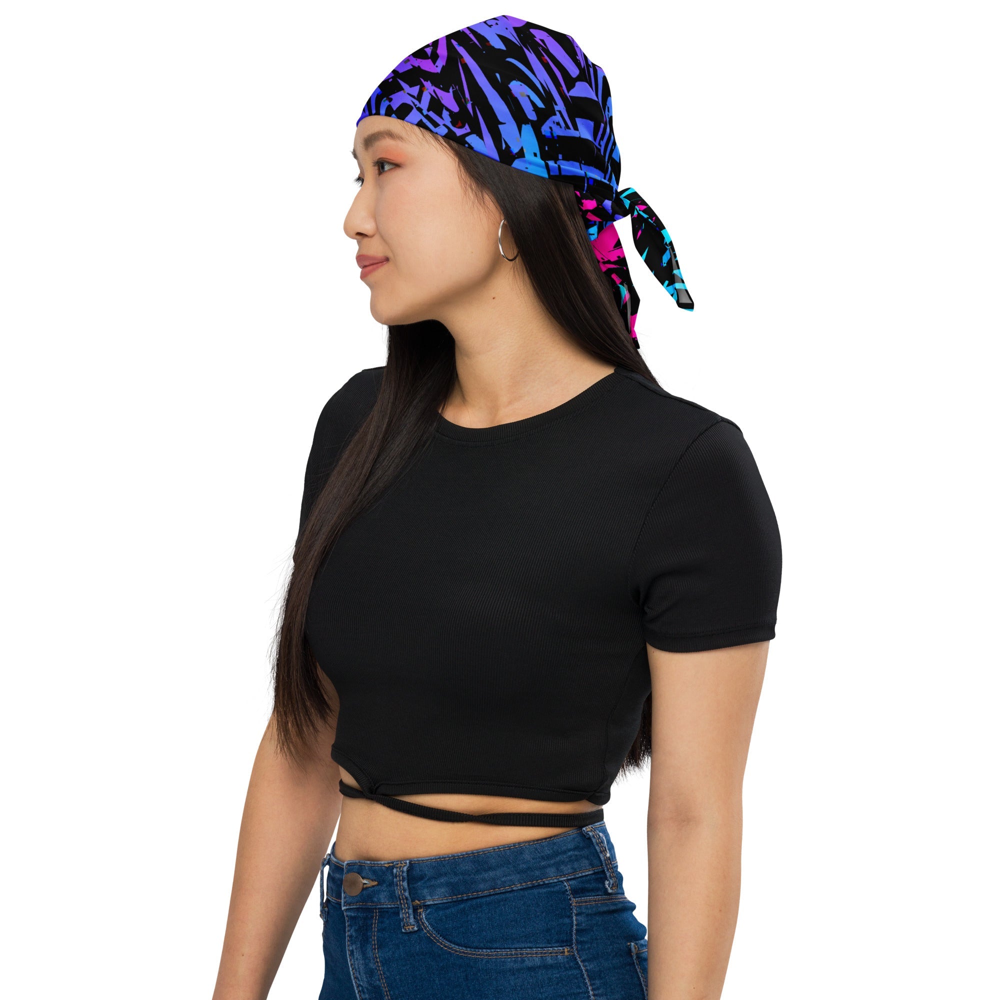 Pañuelo rave con estampado geométrico glitch degradado en rosa y azul