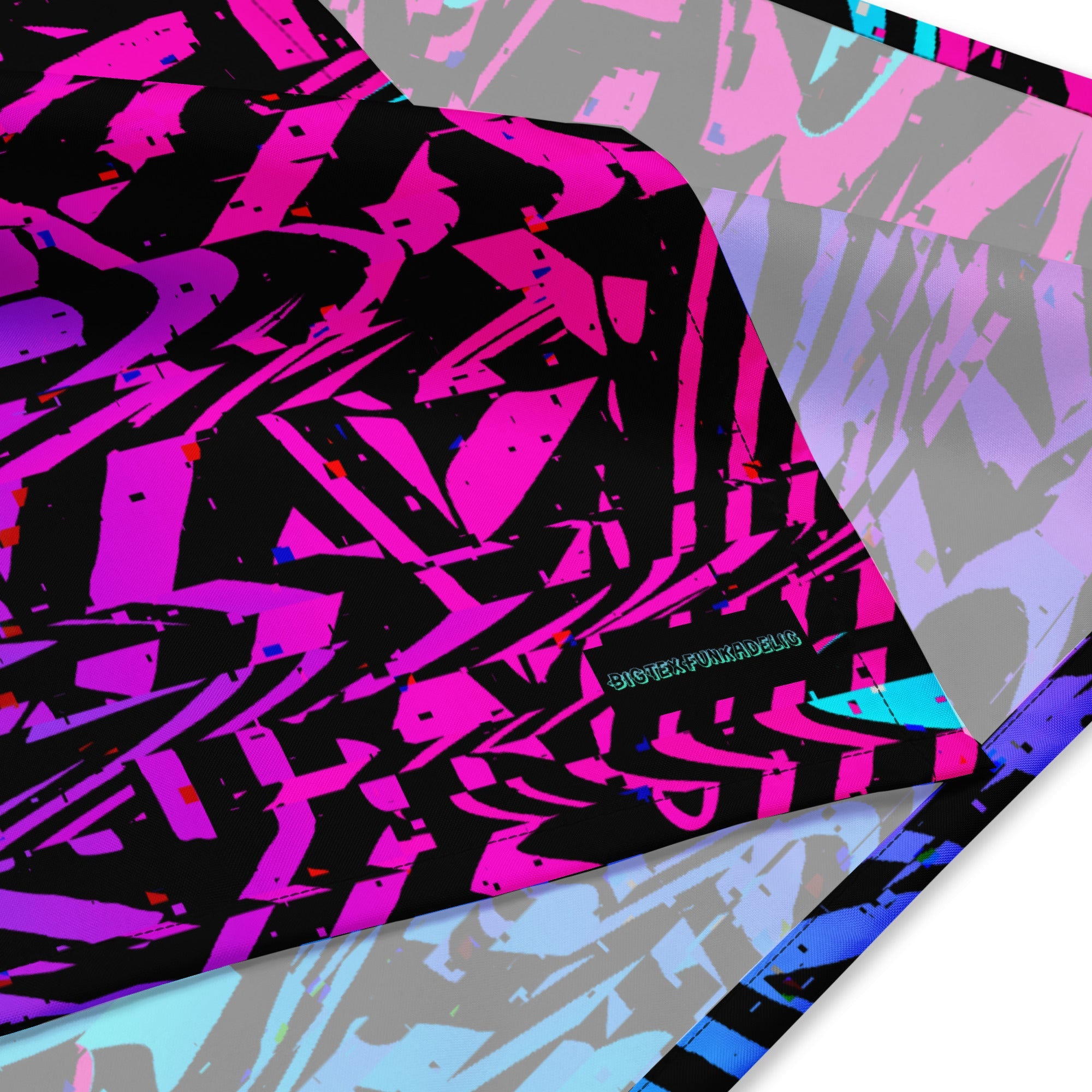 Pañuelo rave con estampado geométrico glitch degradado en rosa y azul