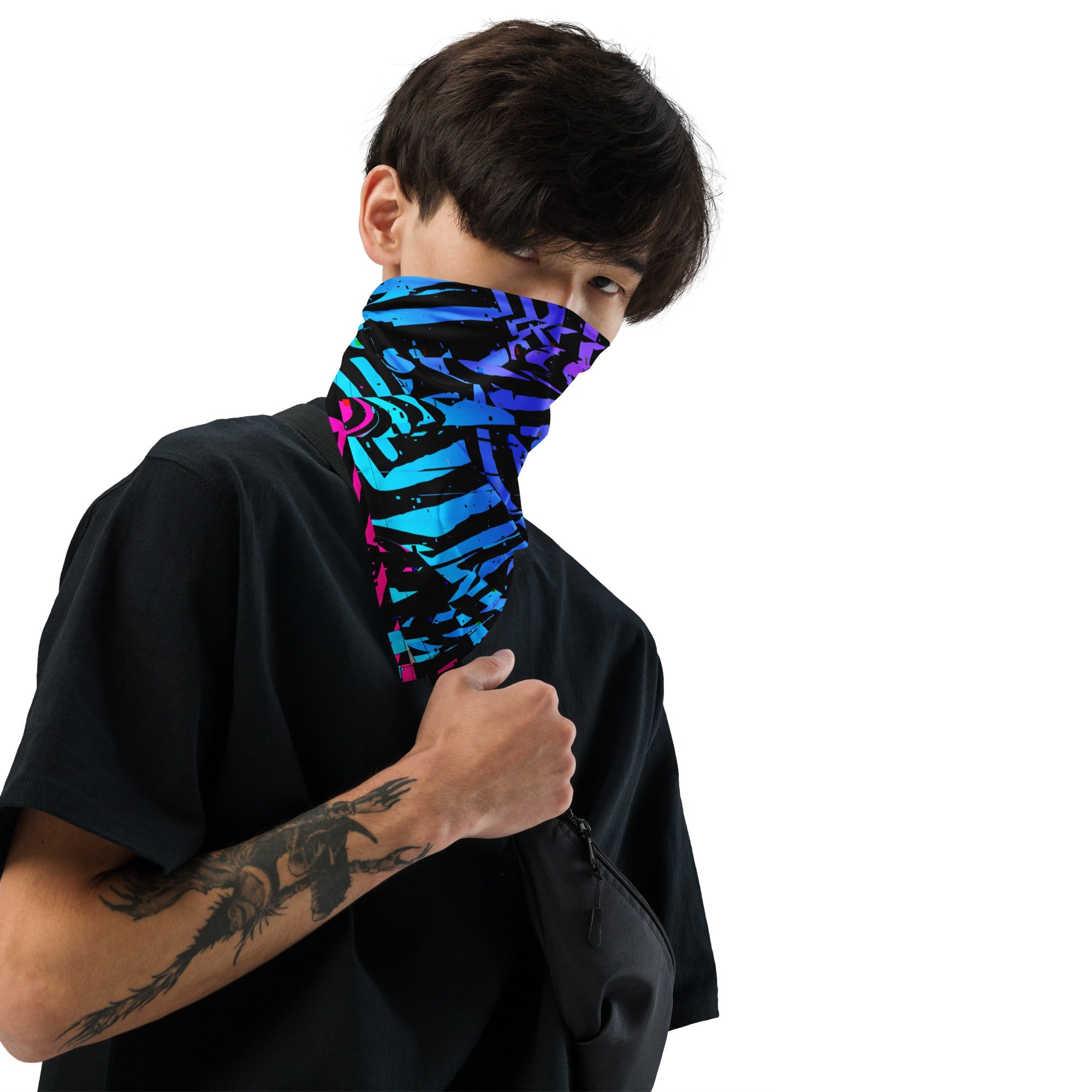 Pañuelo rave con estampado geométrico glitch degradado en rosa y azul