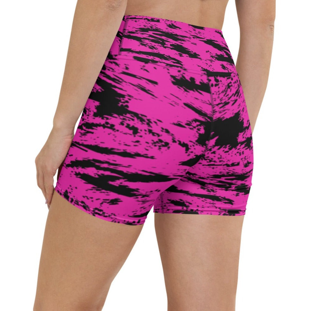 Pink and Black Rave Glitch Splatter Yoga Shorts w/ Inside Pocket
