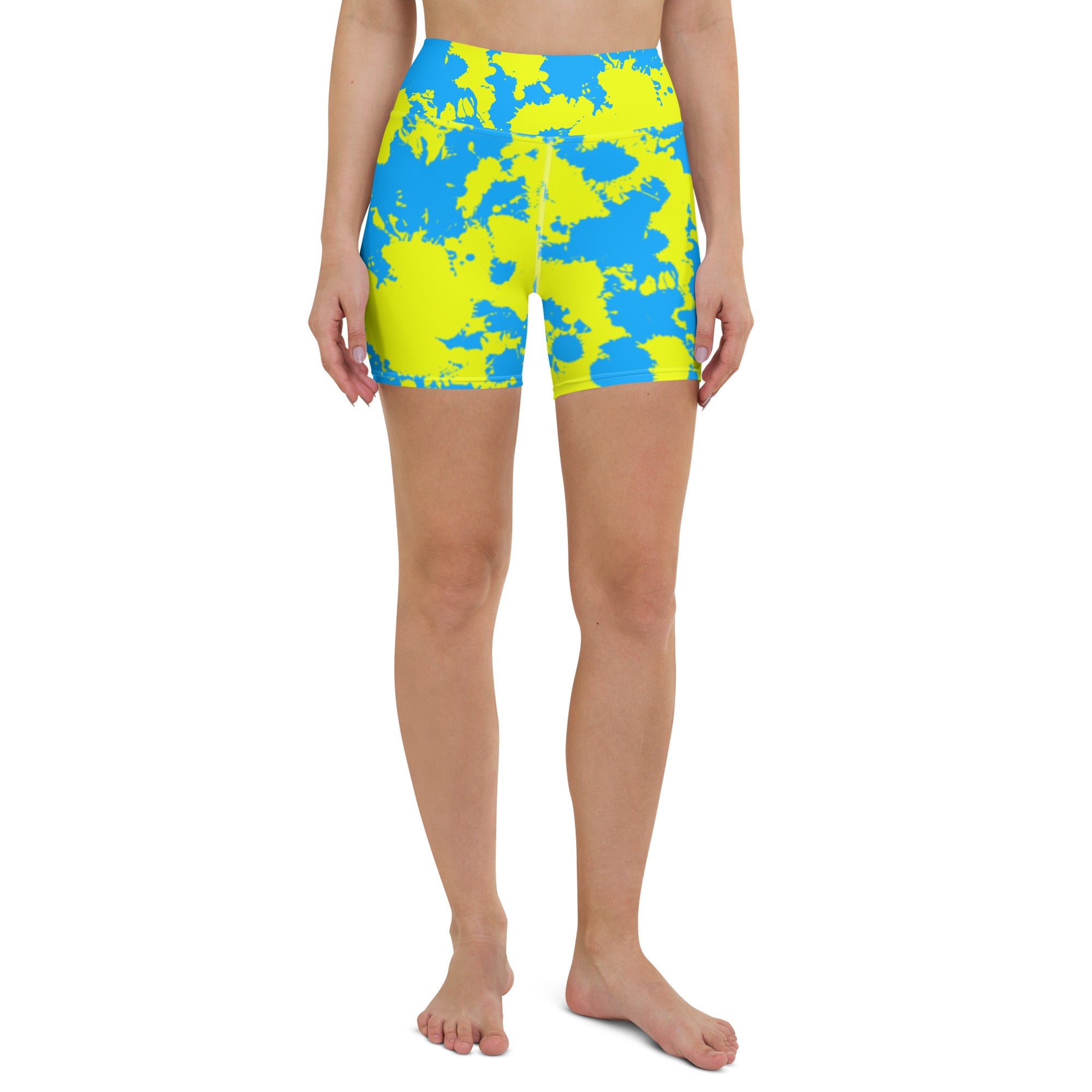 Yellow and Blue Paint Splatter Rave Ready Yoga Shorts w/ Inside Pocket