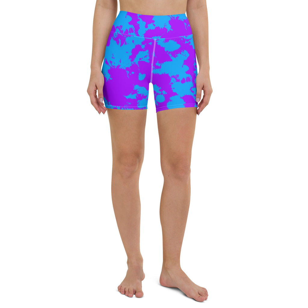 Pantalones Cortos de Yoga Listos para Rave con Salpicaduras de Pintura Morada y Azul con Bolsillo Interno