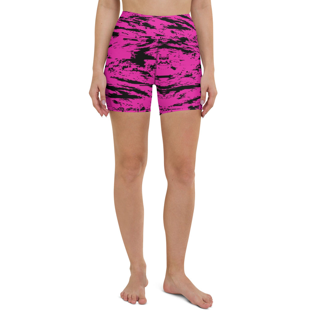 Pink and Black Rave Glitch Splatter Yoga Shorts w/ Inside Pocket