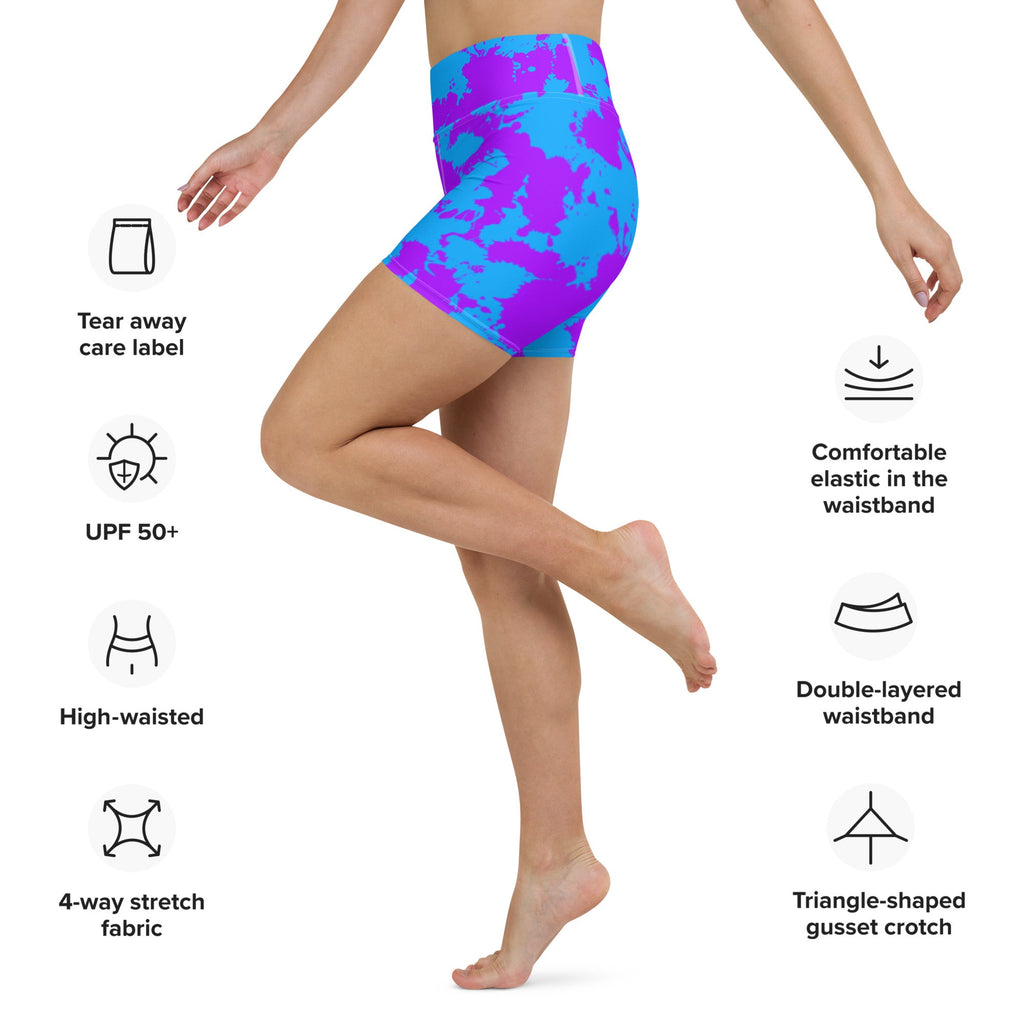 Pantalones Cortos de Yoga Listos para Rave con Salpicaduras de Pintura Morada y Azul con Bolsillo Interno