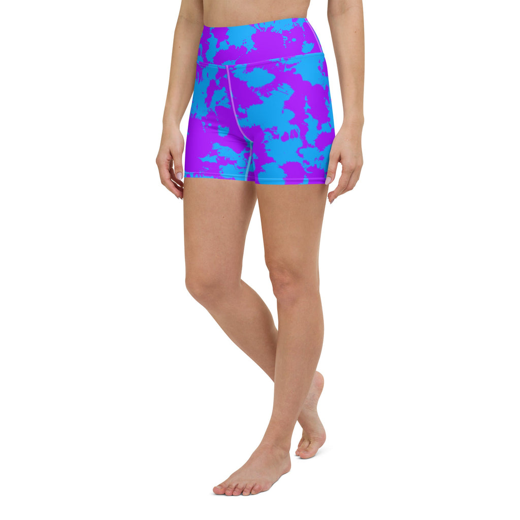 Pantalones Cortos de Yoga Listos para Rave con Salpicaduras de Pintura Morada y Azul con Bolsillo Interno