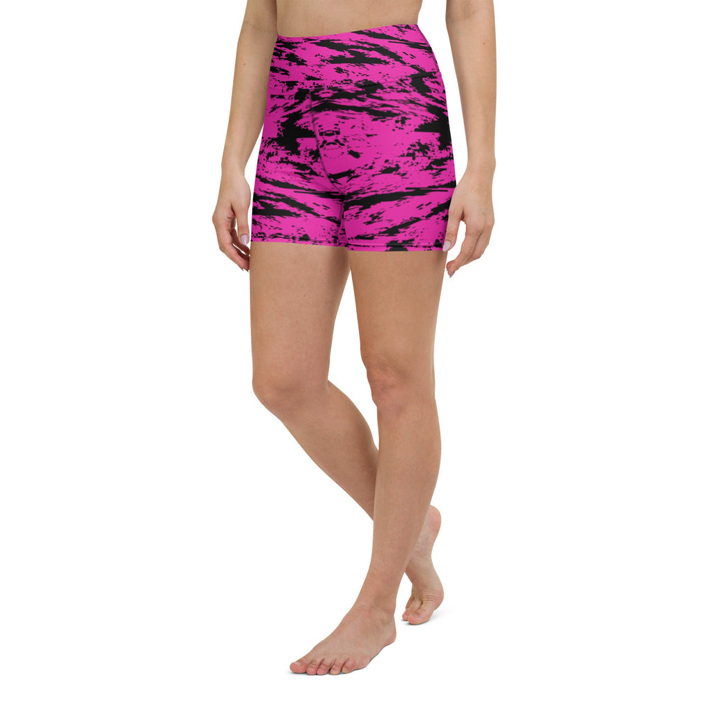 Pink and Black Rave Glitch Splatter Yoga Shorts w/ Inside Pocket