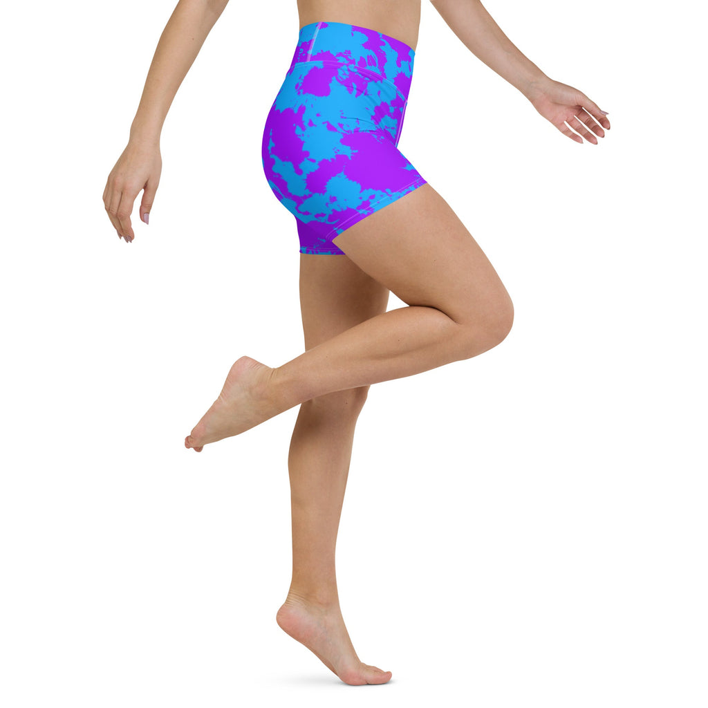 Pantalones Cortos de Yoga Listos para Rave con Salpicaduras de Pintura Morada y Azul con Bolsillo Interno
