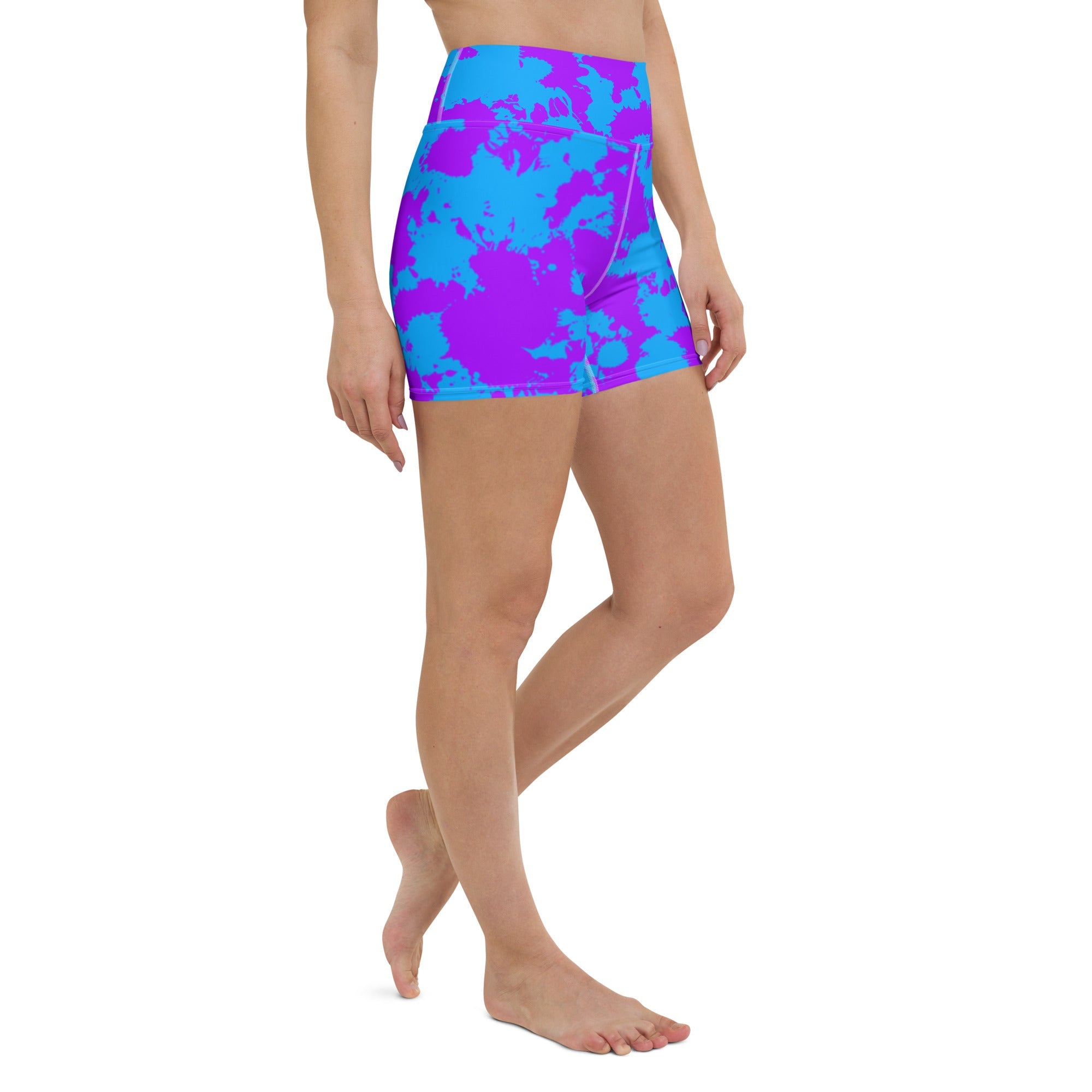 Pantalones Cortos de Yoga Listos para Rave con Salpicaduras de Pintura Morada y Azul con Bolsillo Interno