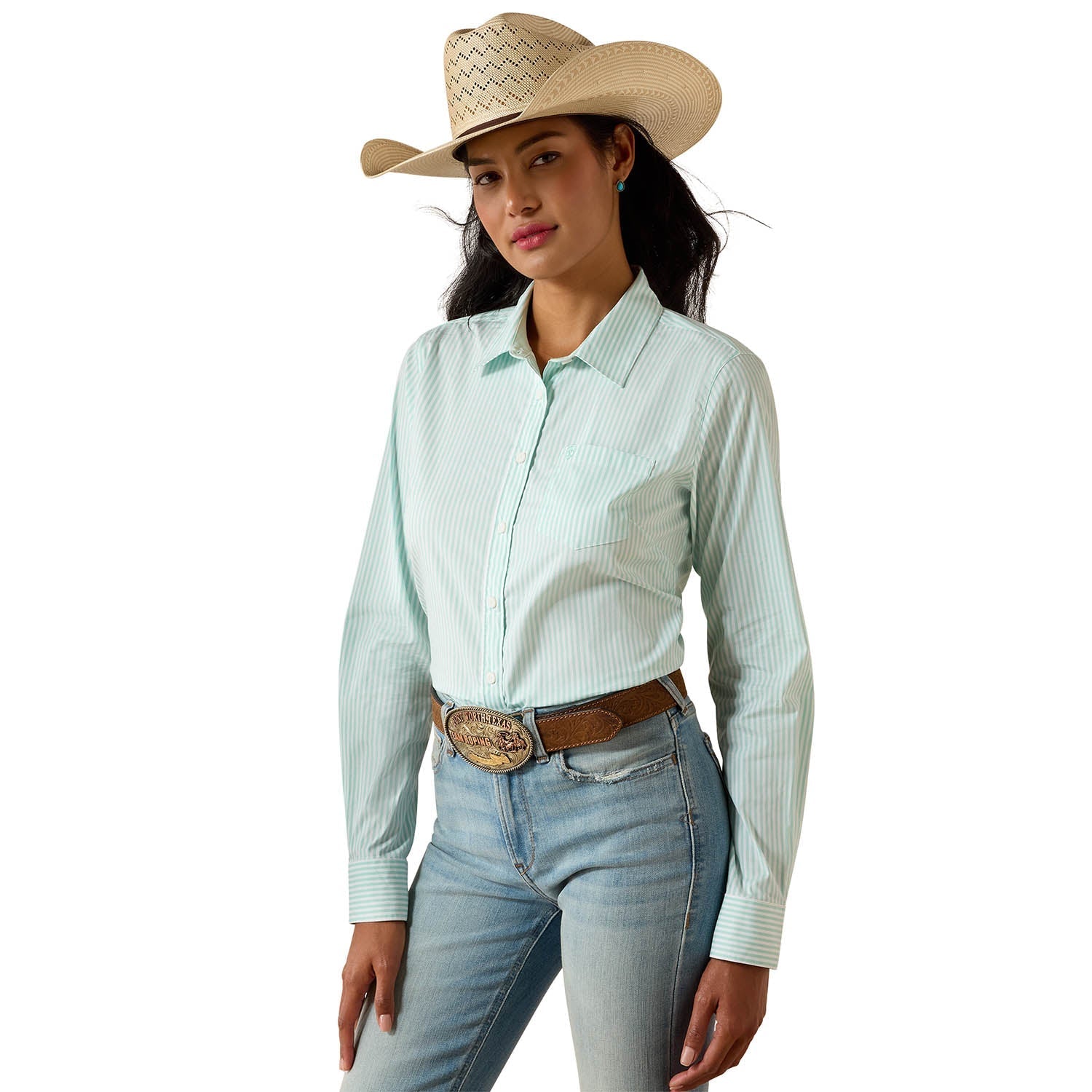 Camisa de manga larga con cuello y botones Ariat Kirby para mujer - Top ecuestre de popelín elástico probado por jinetes