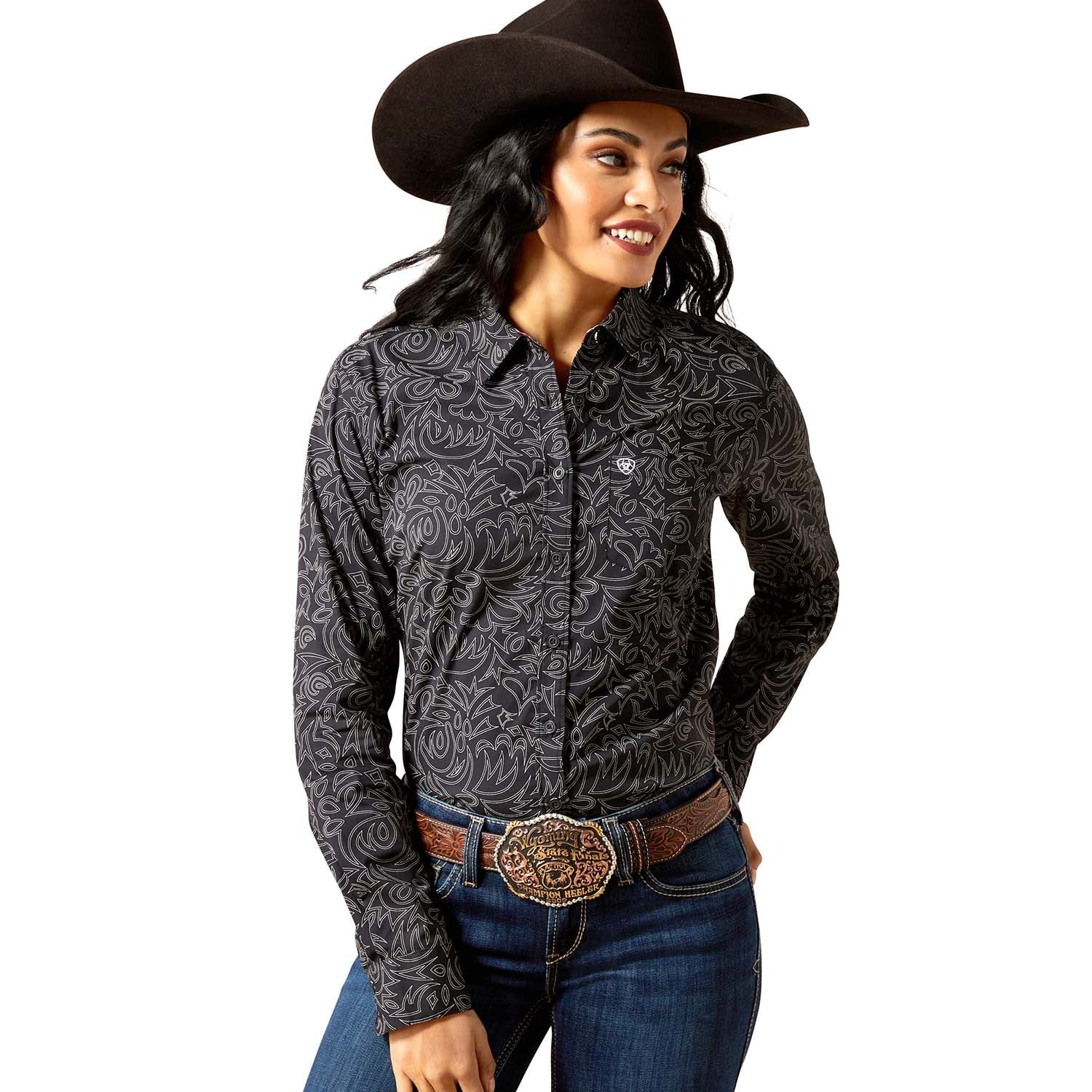 Camisa de manga larga antiarrugas Ariat Kirby para mujer – Parte superior ecuestre de alto rendimiento y que realza la figura