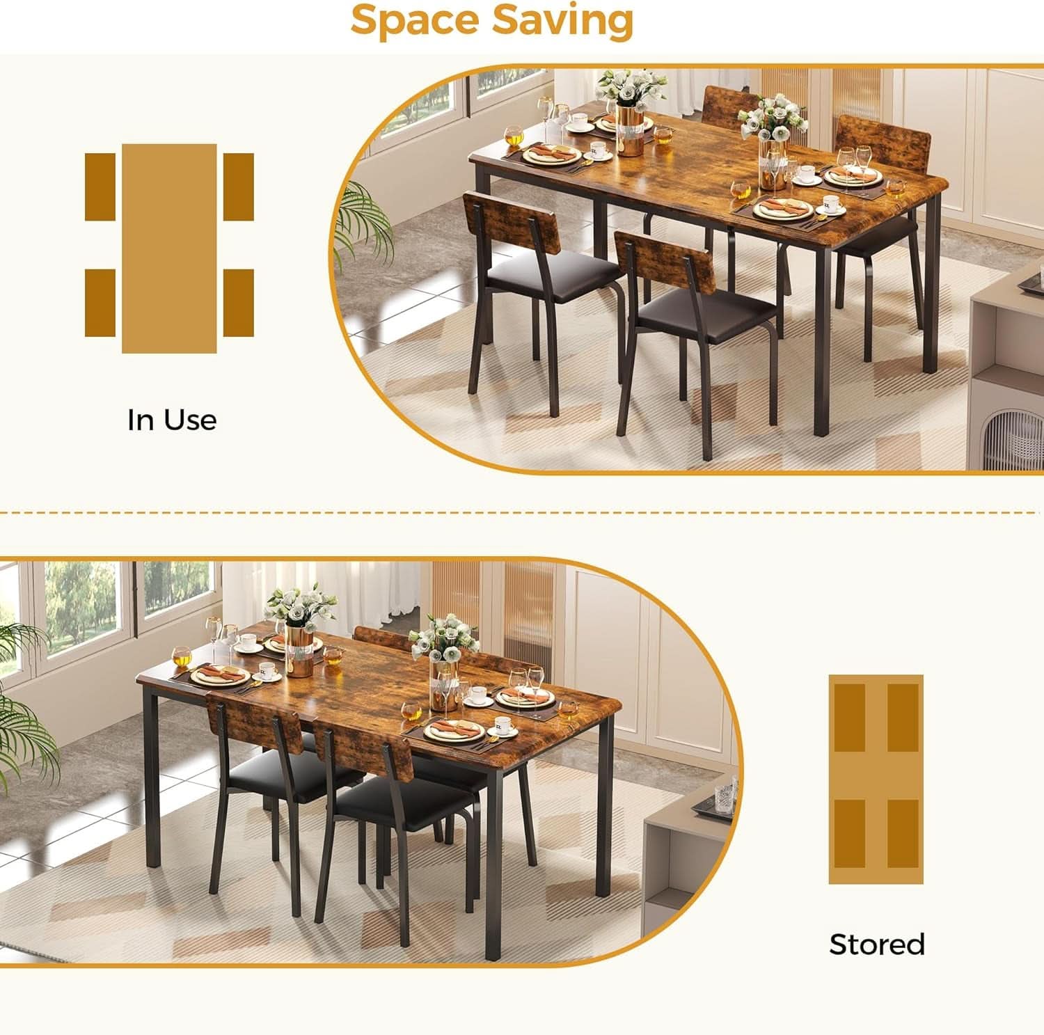 Juego de mesa de comedor extensible de 63 pulgadas, rústico marrón