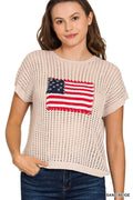Zenana Viscose American Flag Openwork Knit Top
