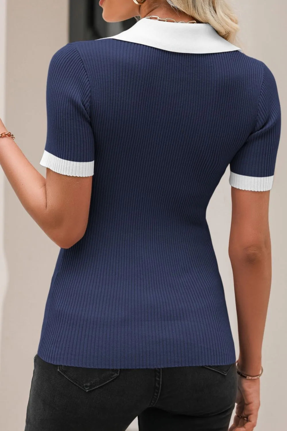 Contrast Collared Neck Ribbed Knit Top