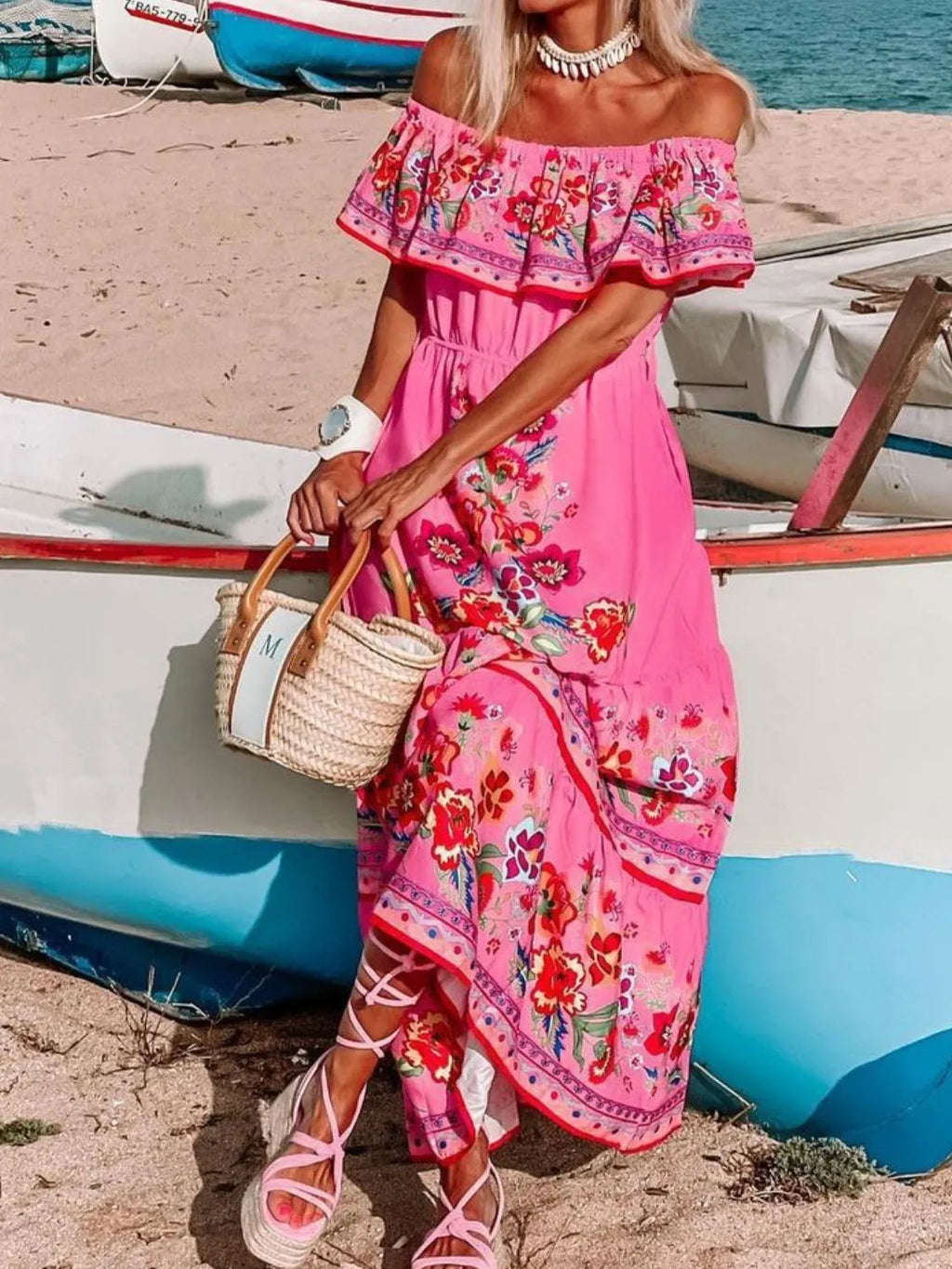 Floral Off Shoulder Ruffle Maxi Dress