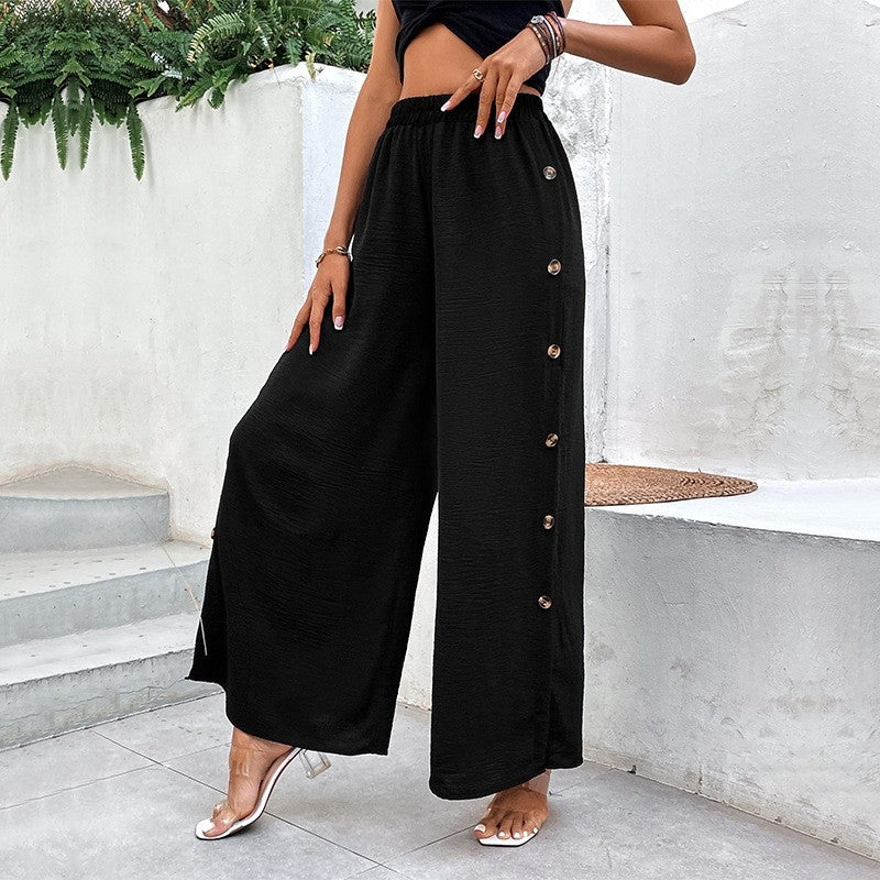 Wide Leg Casual Pants with Elastic Waist and Side Slits in Solid Color