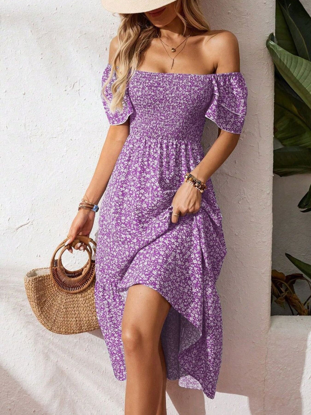 Floral Print Smocked Ruffle Sleeves Dress
