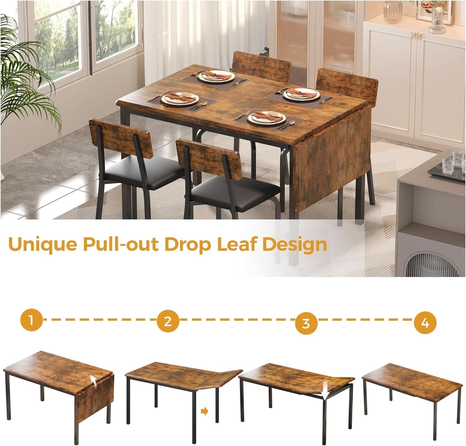 Juego de mesa de comedor extensible de 63 pulgadas, rústico marrón