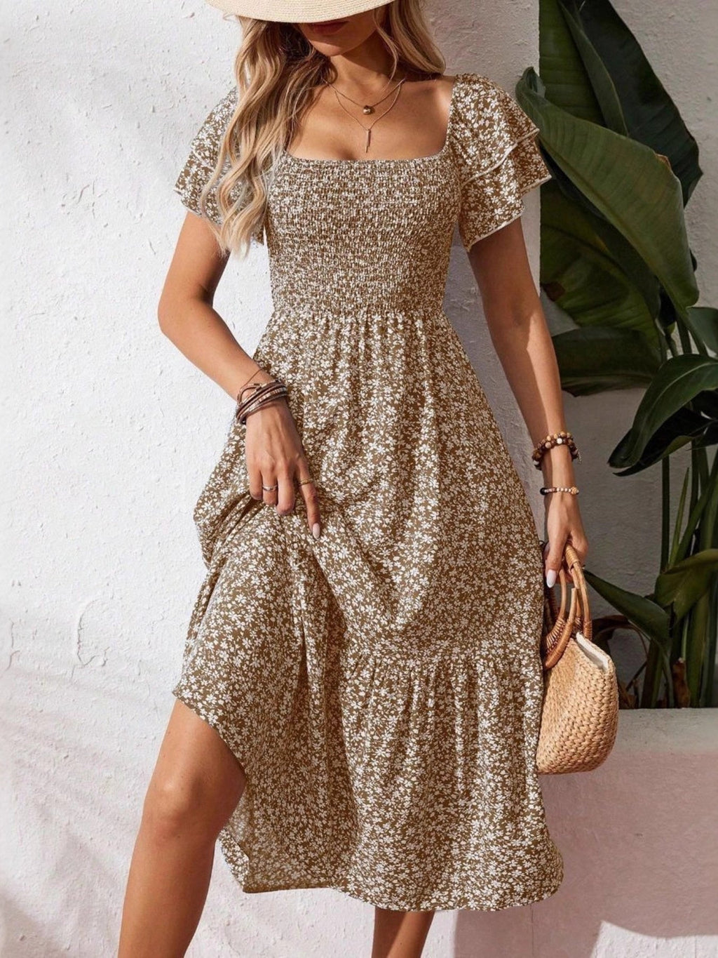 Floral Print Smocked Ruffle Sleeves Dress