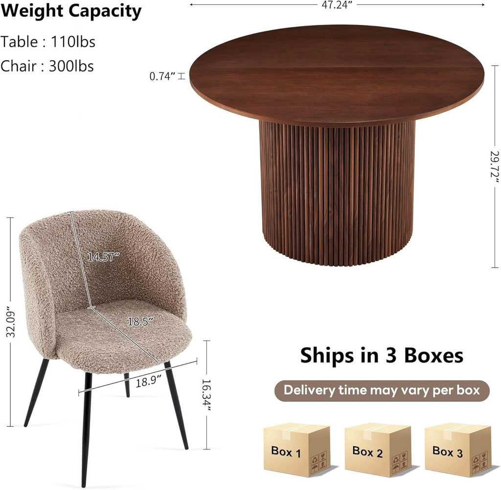 Juego de comedor redondo de cuarenta y siete pulgadas, sillas con vetas de madera con acabado nogal