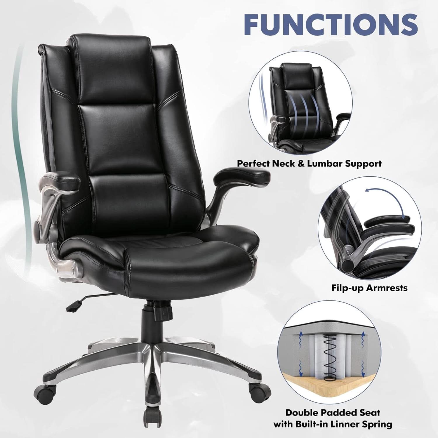 Sillón ejecutivo de oficina de piel regenerada con respaldo alto, color negro