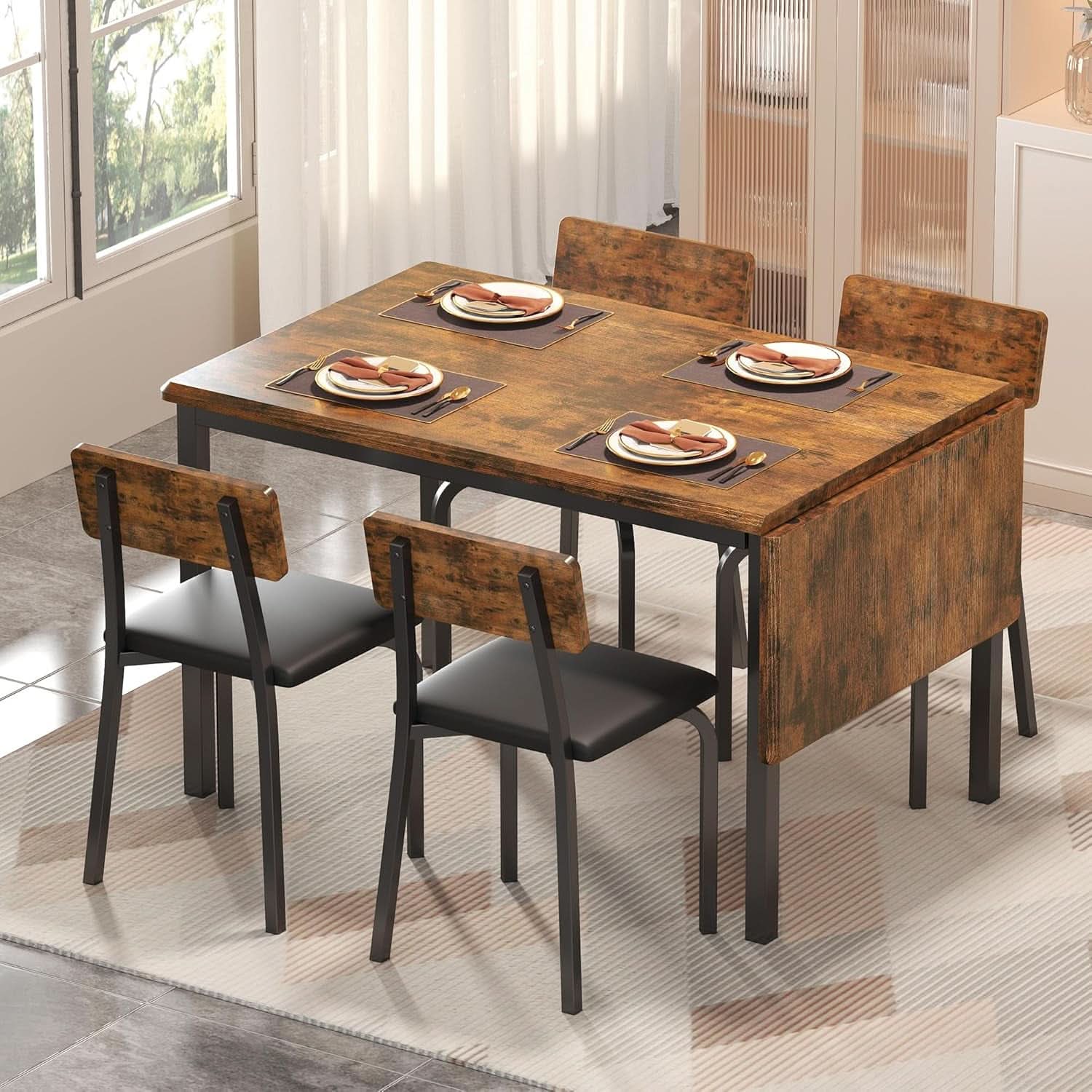 Juego de mesa de comedor extensible de 63 pulgadas, rústico marrón