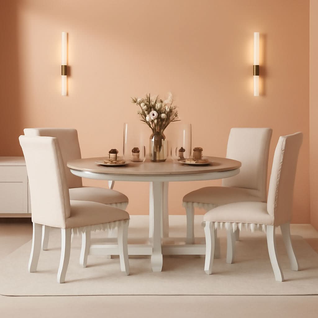 Juego de mesa de comedor redonda extensible estilo rústico, acabado roble con sillas tapizadas