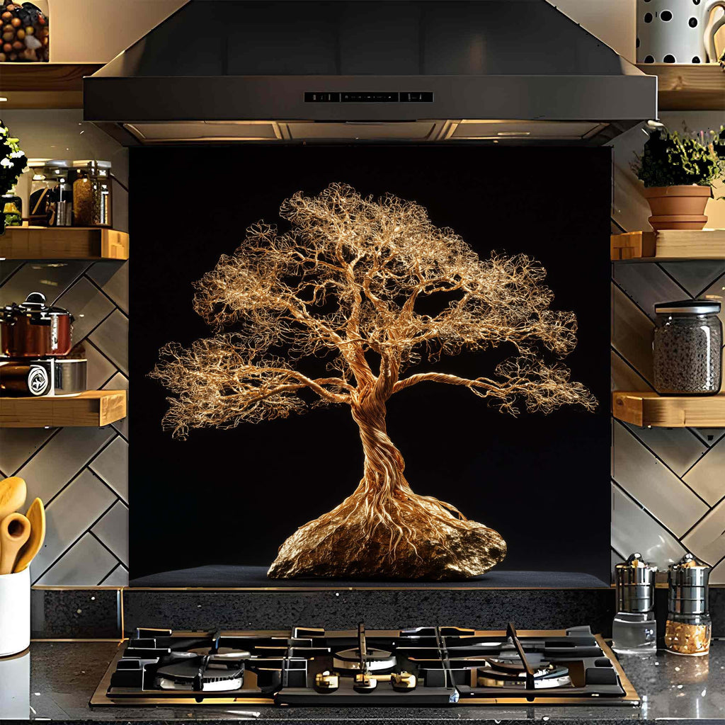 Golden Root – Tempered Glass Backsplash for Kitchen | Tree of Life in Gold Wire Style Backsplash