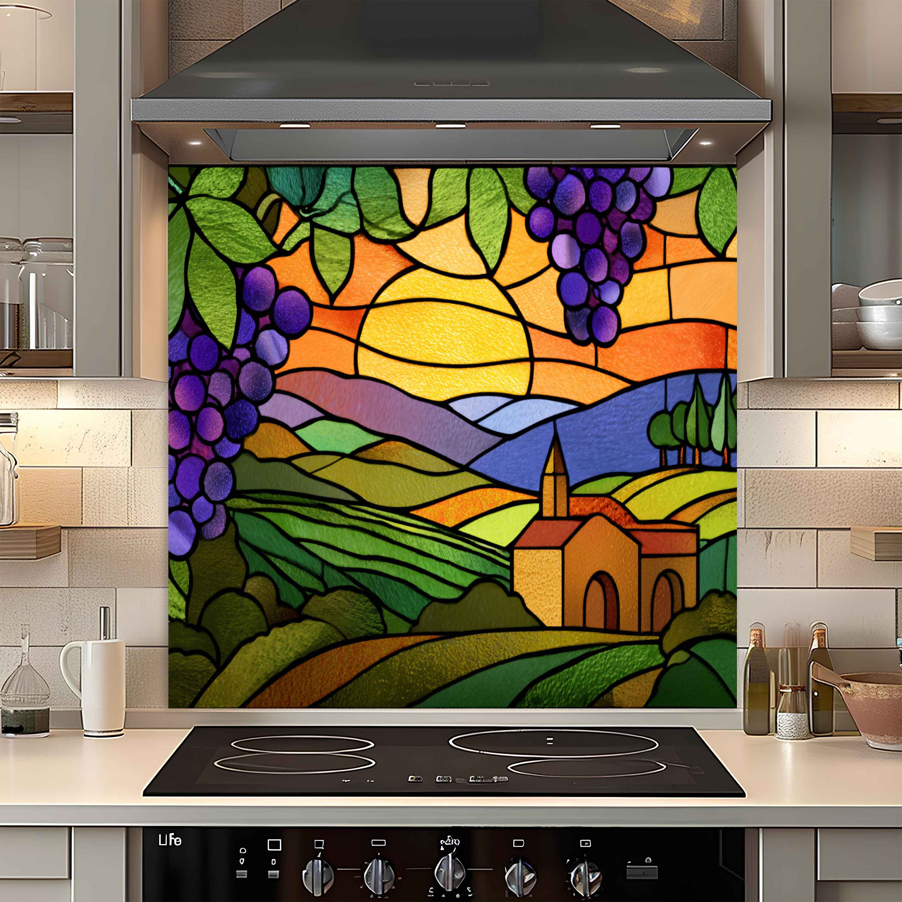 Tempered Glass Backsplash for Kitchen | Stained Glass Grape Vineyard Sunset