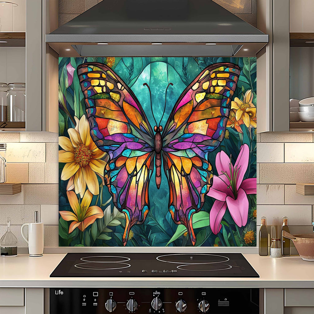 Tempered Glass Backsplash for Kitchen | Colorful Butterfly & Floral Stained Glass Design
