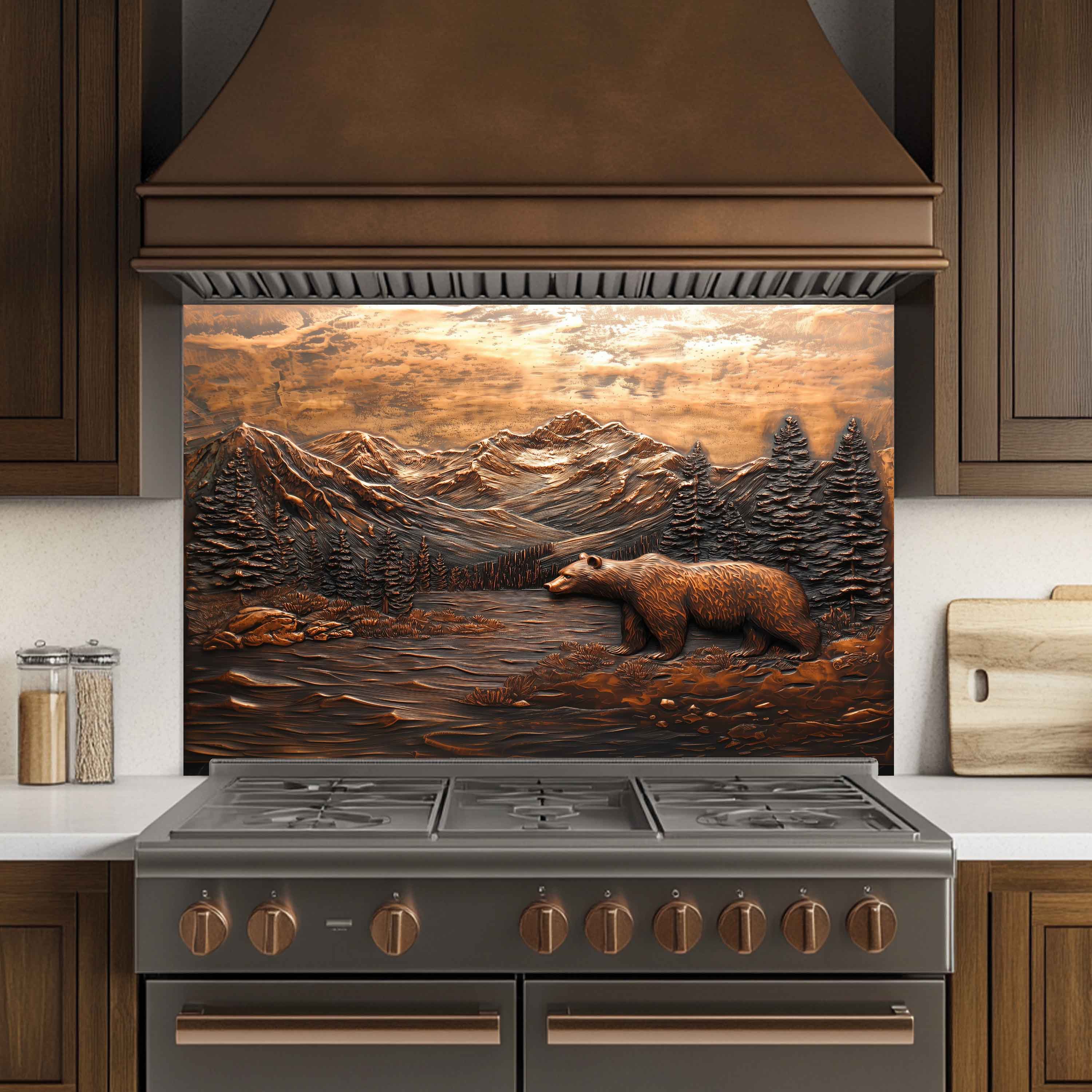 Panel antisalpicaduras de vidrio templado Valley Watcher – Panel antisalpicaduras de cocina con oso en la montaña