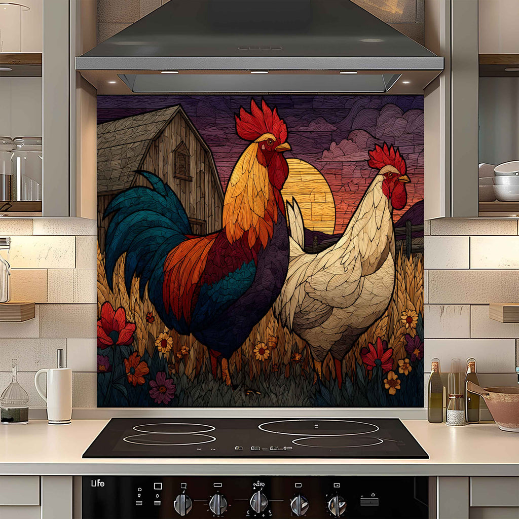 Salpicadero de Vidrio Templado para Cocina | Diseño de Escena de Granja de Gallo y Gallina Rústicos