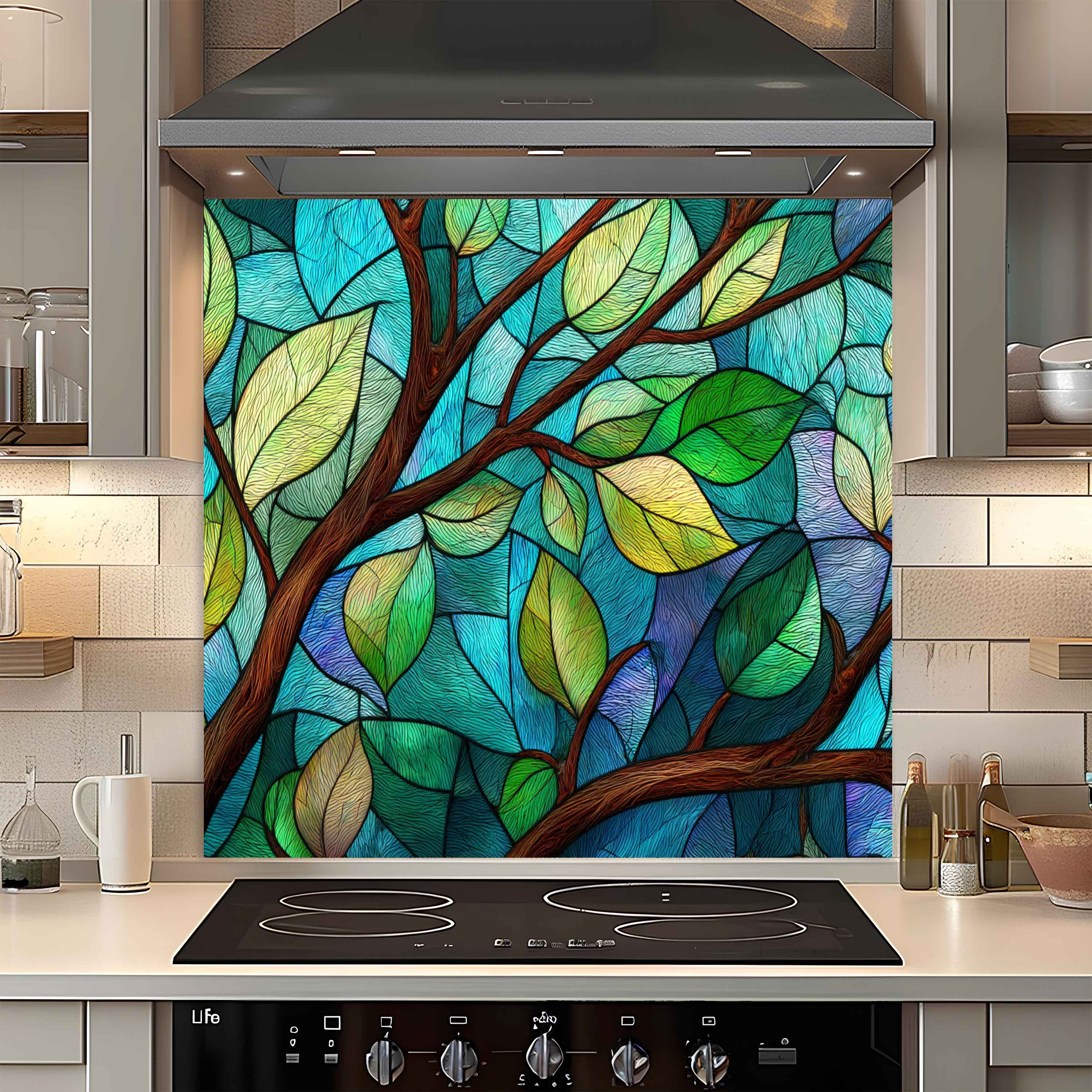 Tranquil Branches – Tempered Glass Backsplash for Kitchen | Tree Leaves Splashback