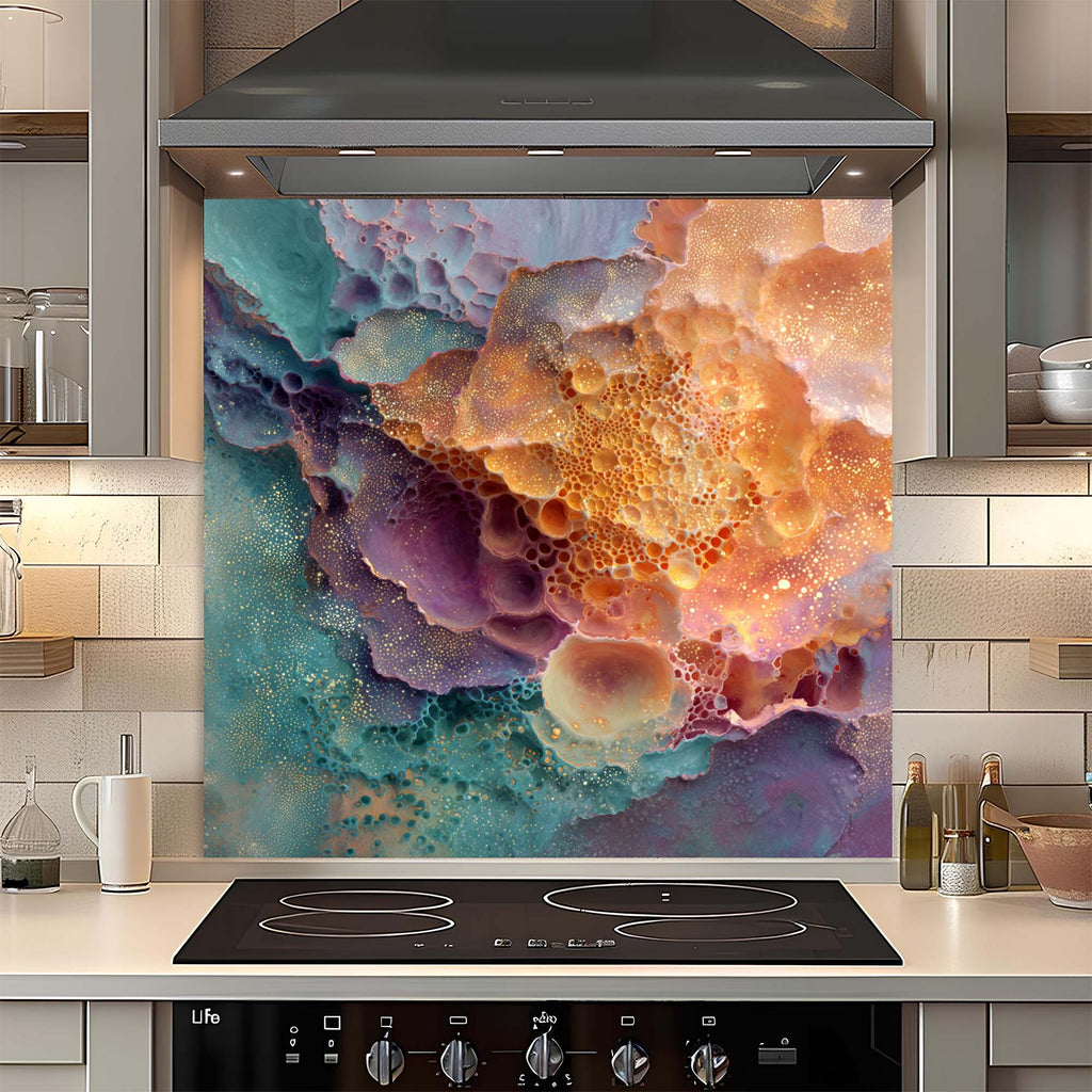 Espuma Cósmica – Salpicadero de cristal templado para cocina | Salpicadero de explosión de color Nebulosa