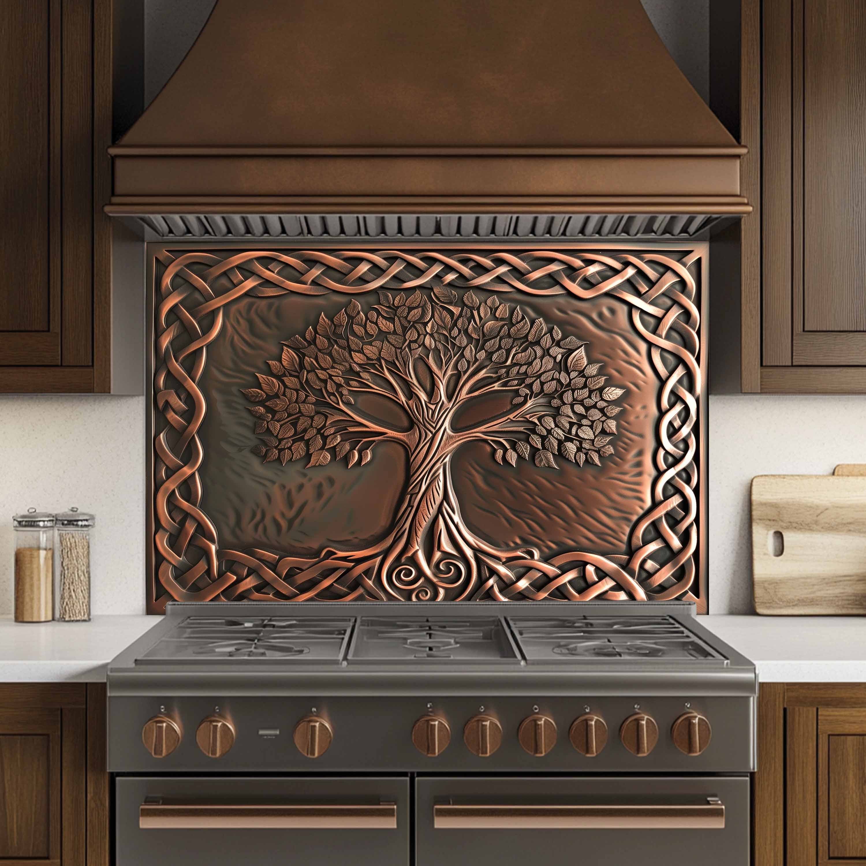 Custom Kitchen Backsplash – Copper Knot Look Tempered Glass Stove Backsplash