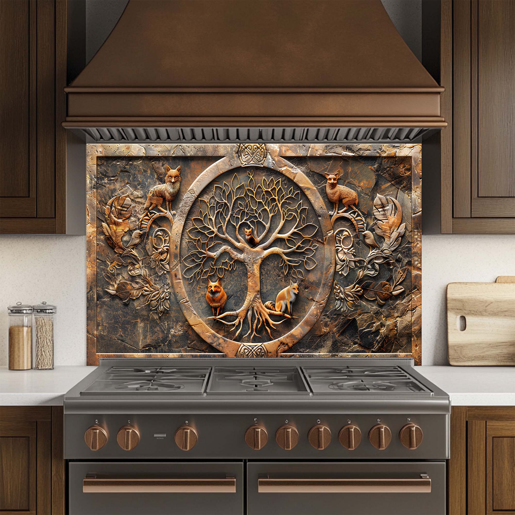Fox Wisdom Tree – Tempered Glass Backsplash | Tree of Life with Forest Animals Backsplash