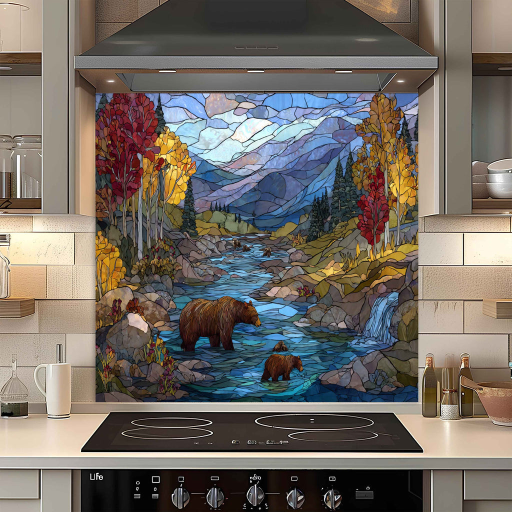 Autumn River – Tempered Glass Backsplash With Bear Family And Fall Trees