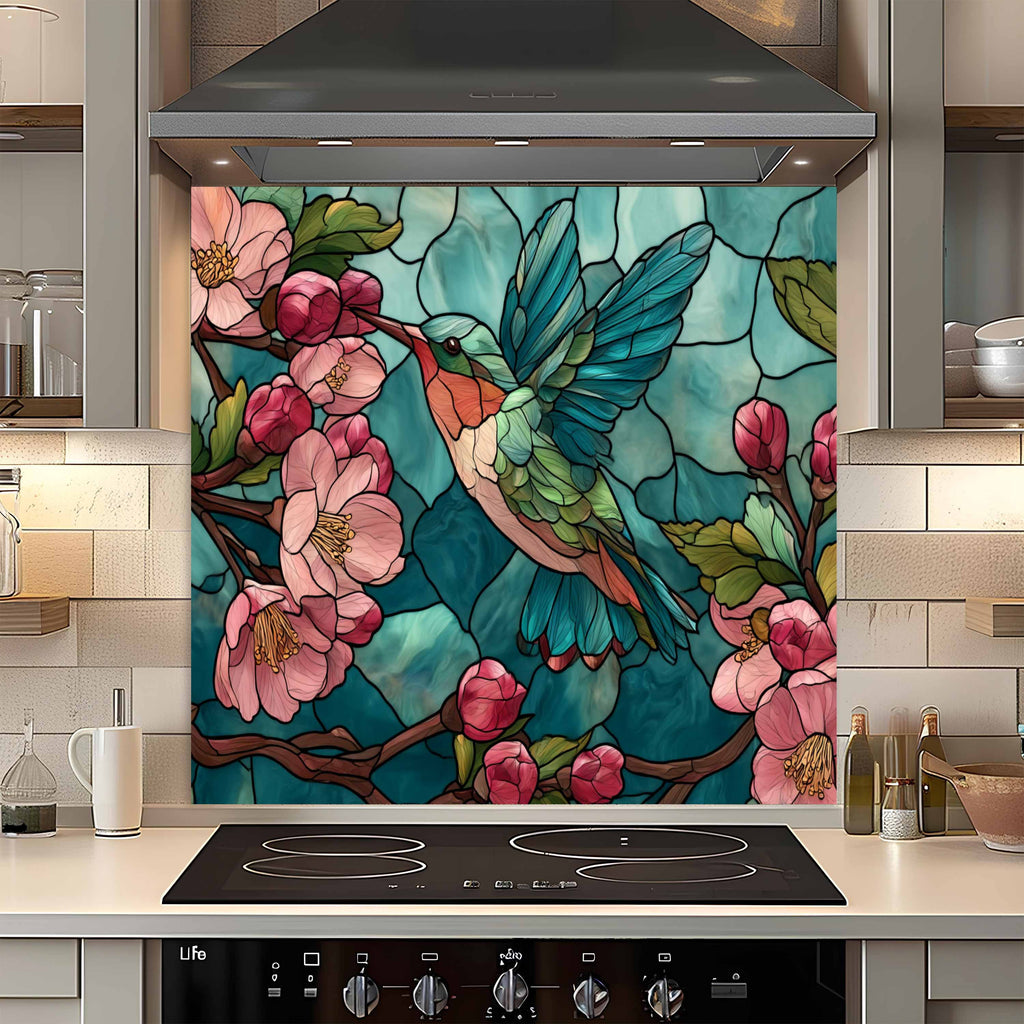 Néctar de Flores – Protector contra salpicaduras de cocina de cristal templado con colibrí