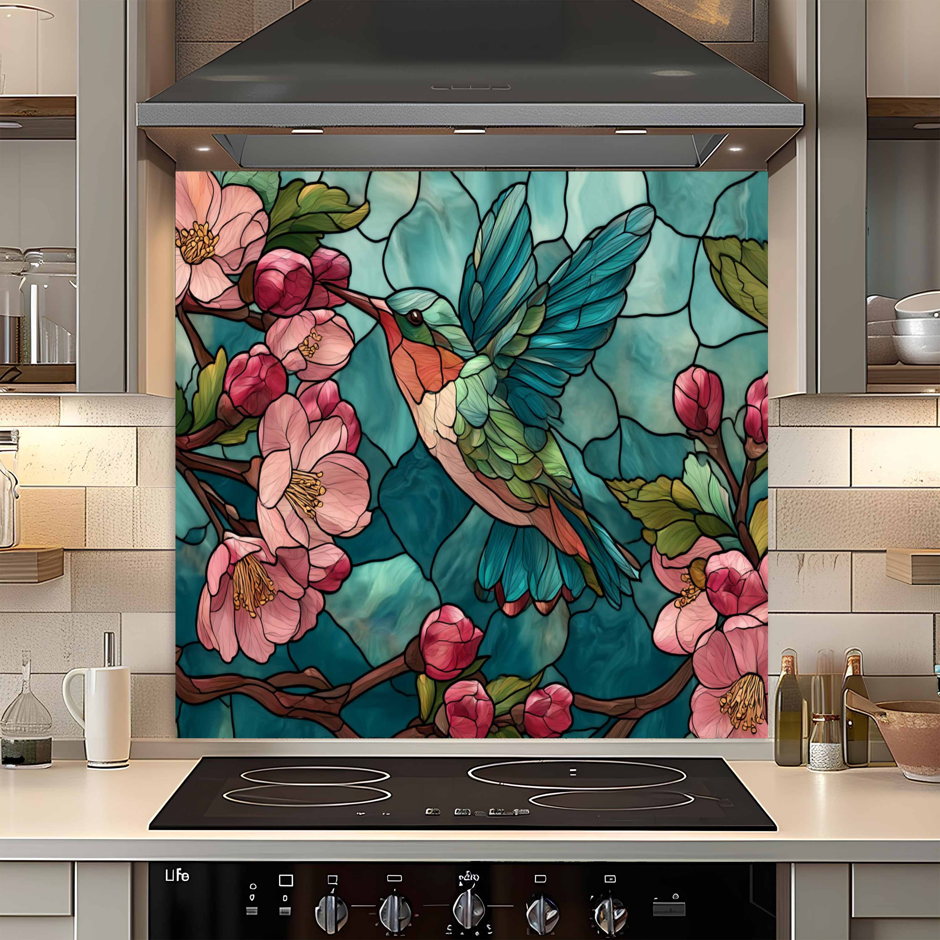 Néctar de Flores – Protector contra salpicaduras de cocina de cristal templado con colibrí