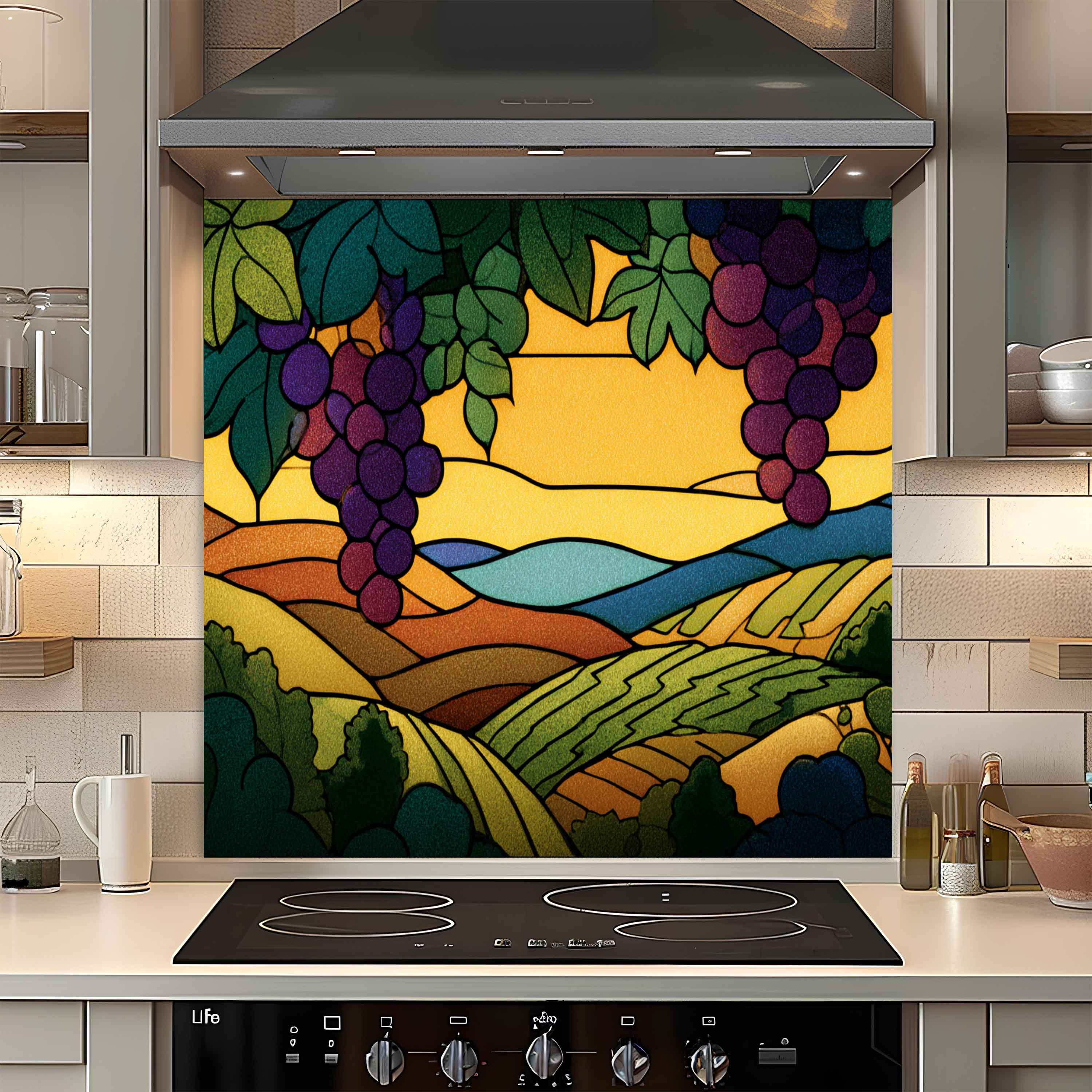 Tempered Glass Backsplash for Kitchen | Stained Glass Grape Field Landscape Design