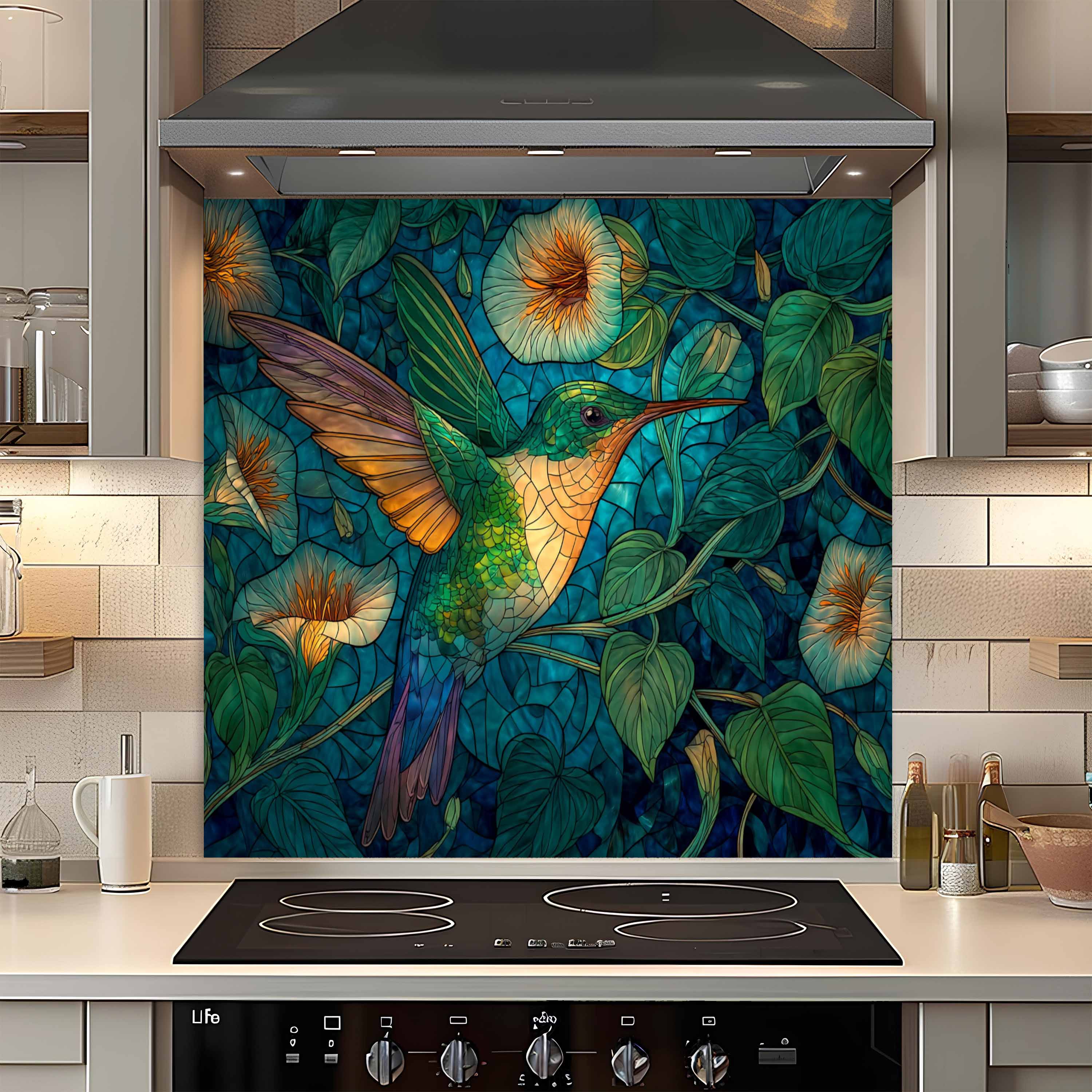 Emerald Flight Kitchen Splashback – Tempered Glass Backsplash with Hummingbird and Floral Vines