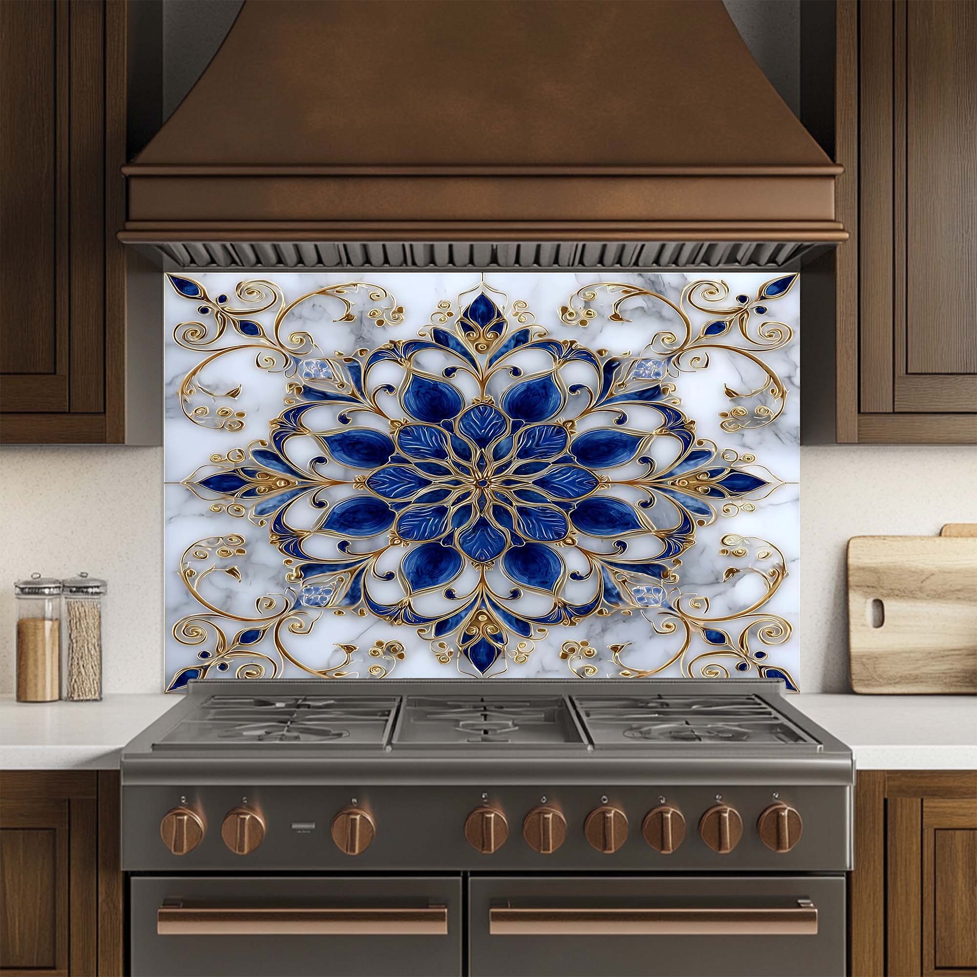 Majestic Sapphire – Salpicadero de cristal templado para cocina – Salpicadero con mandala azul y dorado