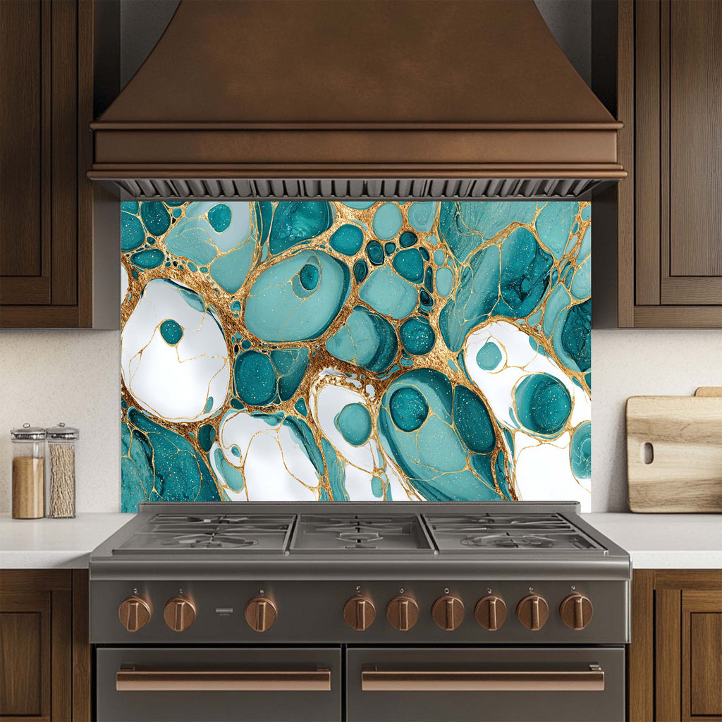 Aqua Veins - Tempered Glass Backsplash for Kitchen | Teal & Gold Fluid Backsplash