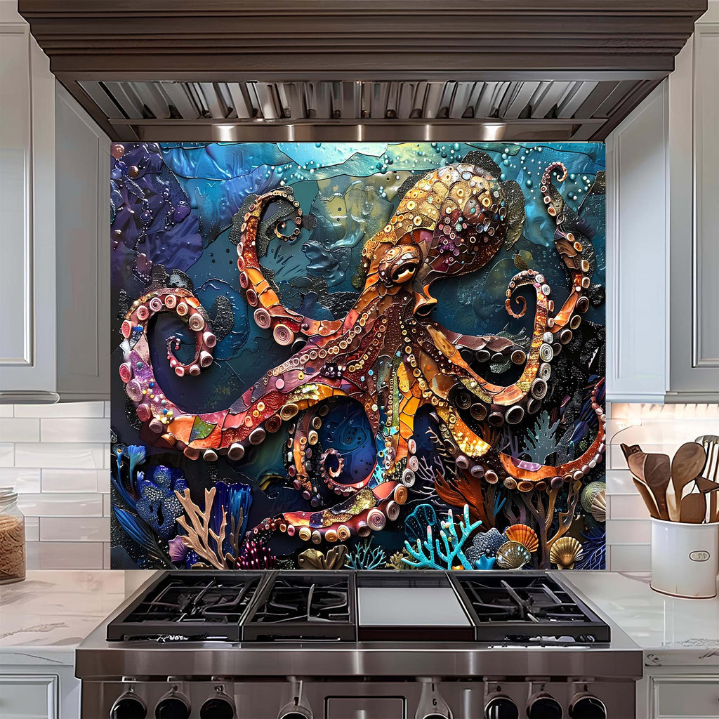 Custom Kitchen Backsplash – Majestic Octopus Tempered Glass Stove Backsplash