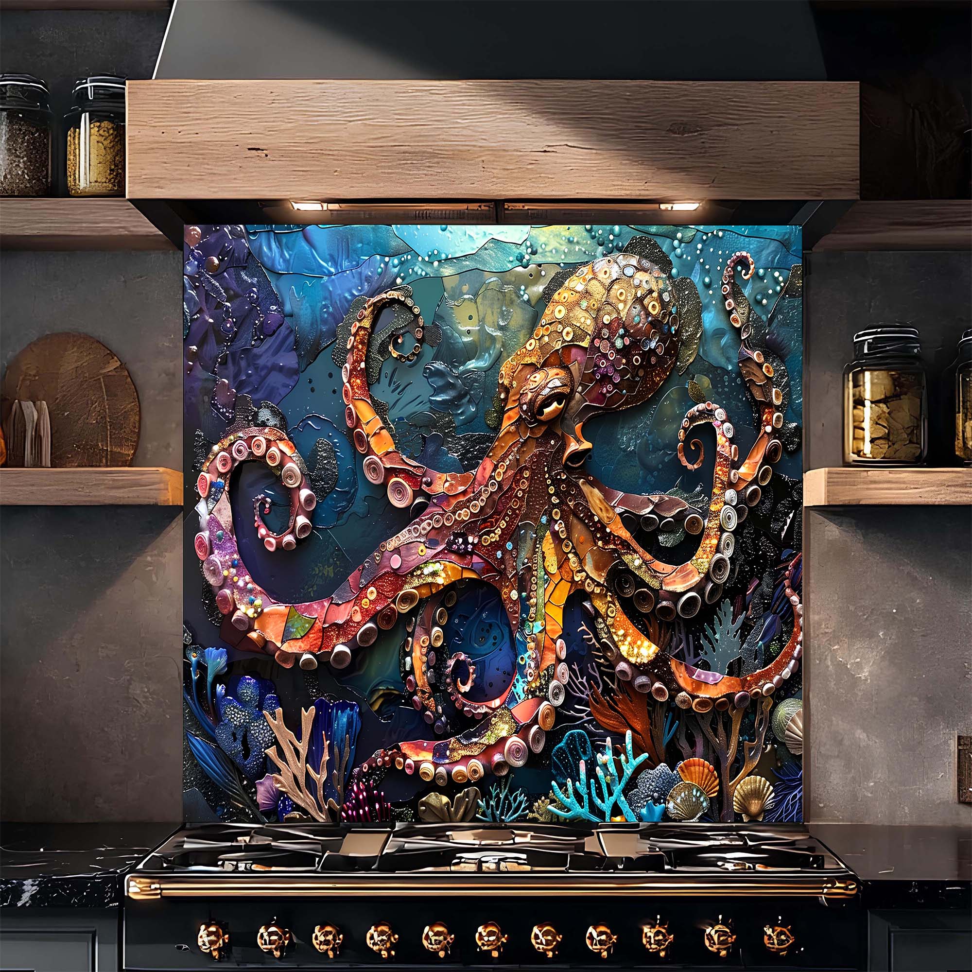 Custom Kitchen Backsplash – Majestic Octopus Tempered Glass Stove Backsplash