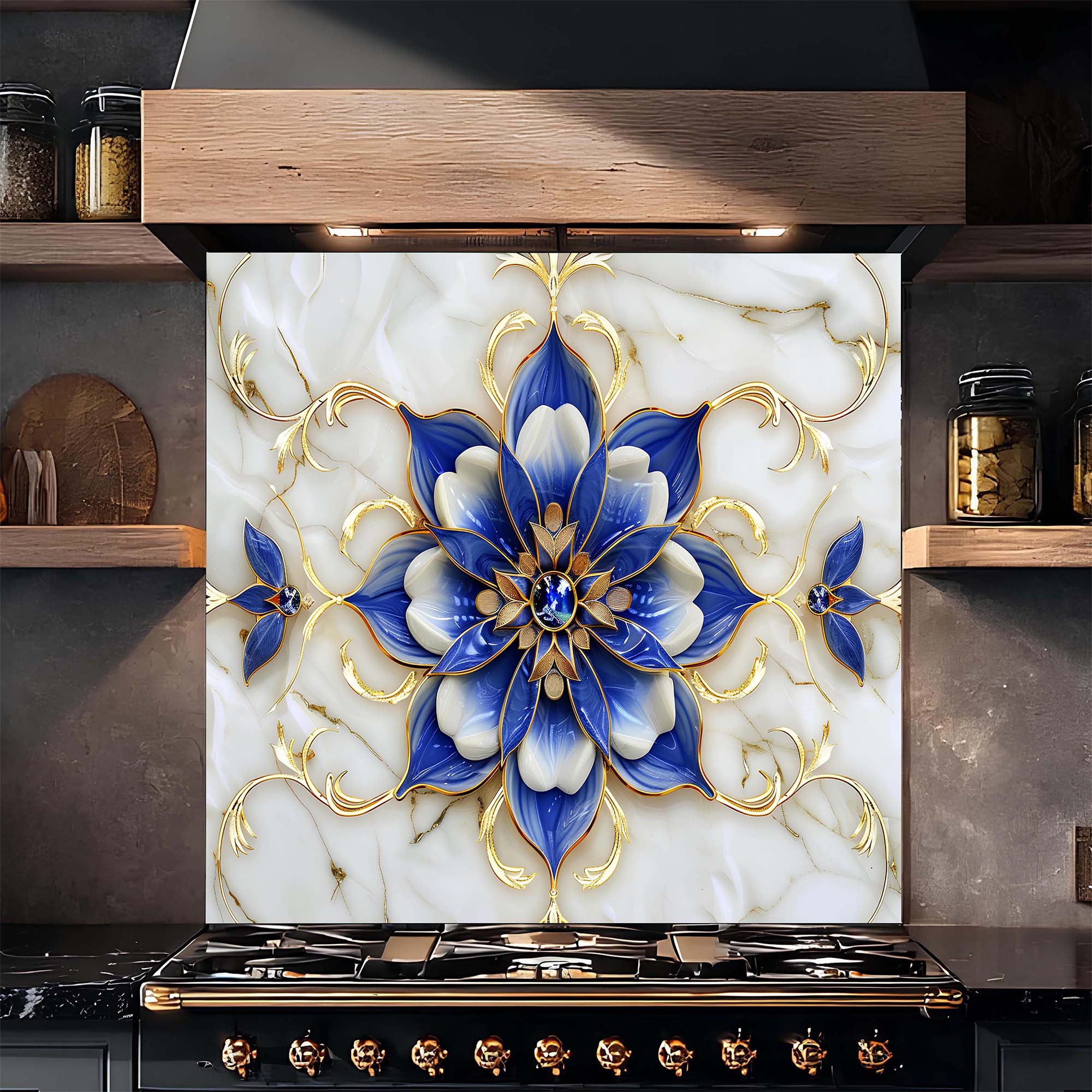 Salpicadero de cristal templado para cocina – Royal Blue Blossom Salpicadero personalizado